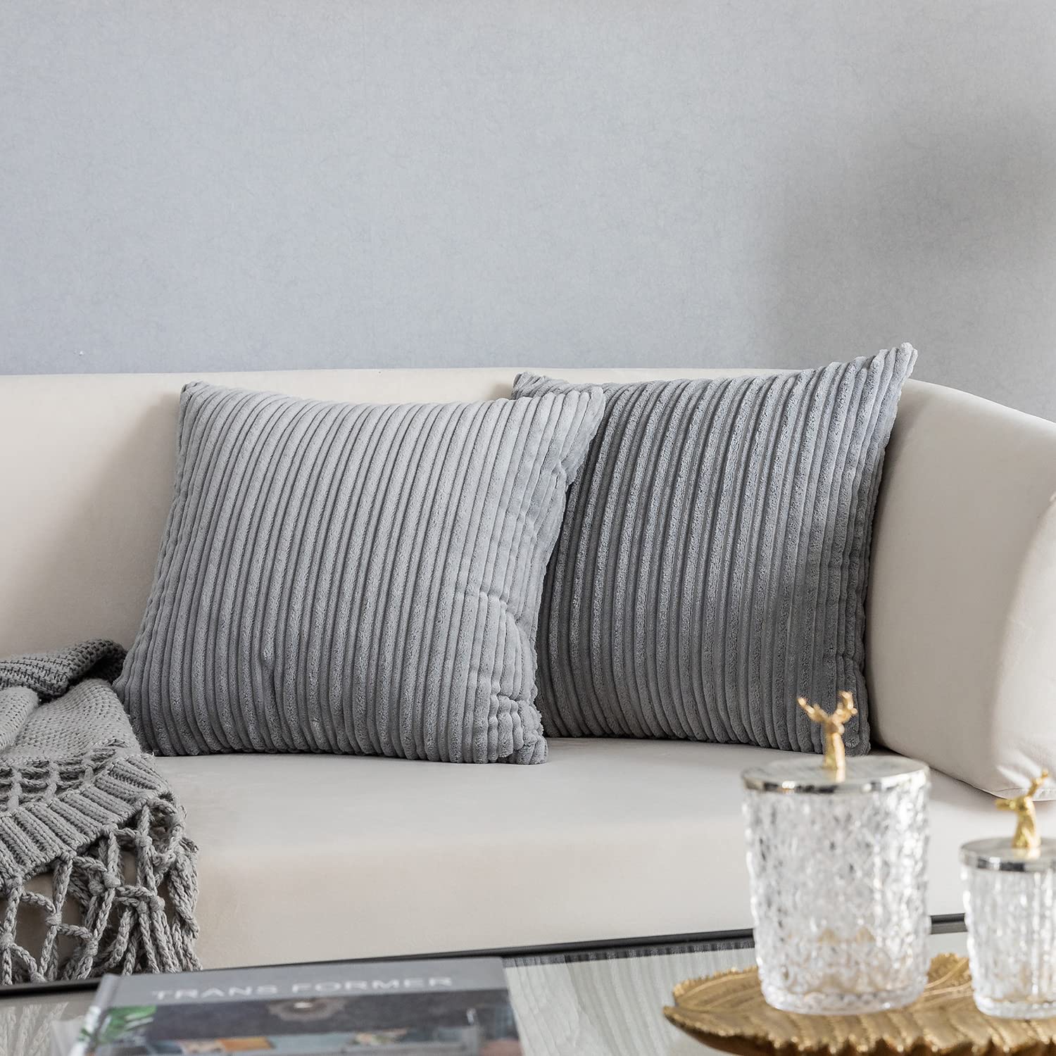 Kevin Textile Corduroy Cushion Covers 40 x 40 cm Set of 2, Soft Stripe Decorative Cushions Covers 16x16 Inch with Invisible Zipper for Chair Couch Sofa Bedroom, Light Grey — image 1