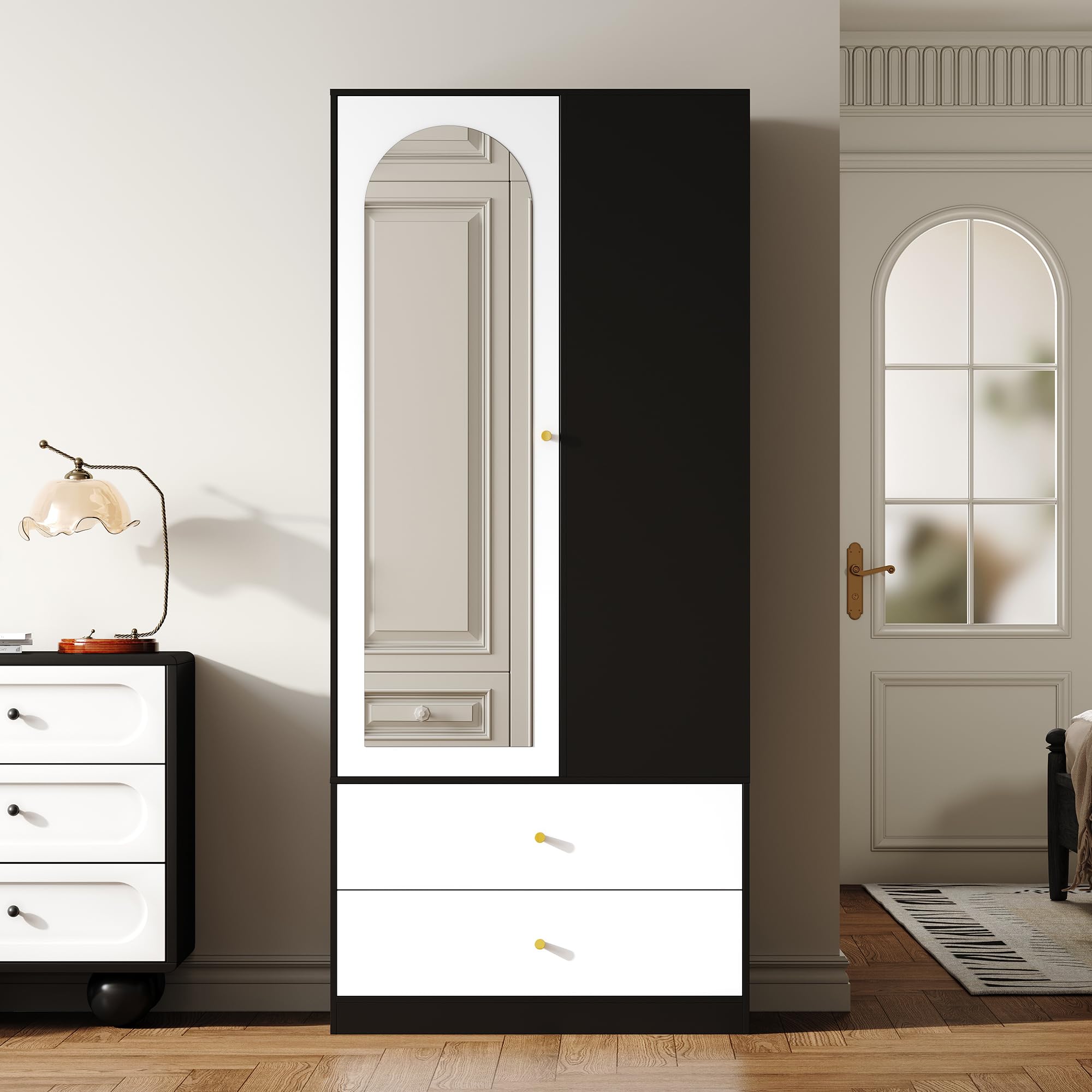 Armario con espejo y una puerta. Perchero moderno con 2 cajones y 4 estantes, ideal para almacenamiento versátil en el dormitorio. Blanco+Negro, Dimensiones: 80 x 40 x 180 cm