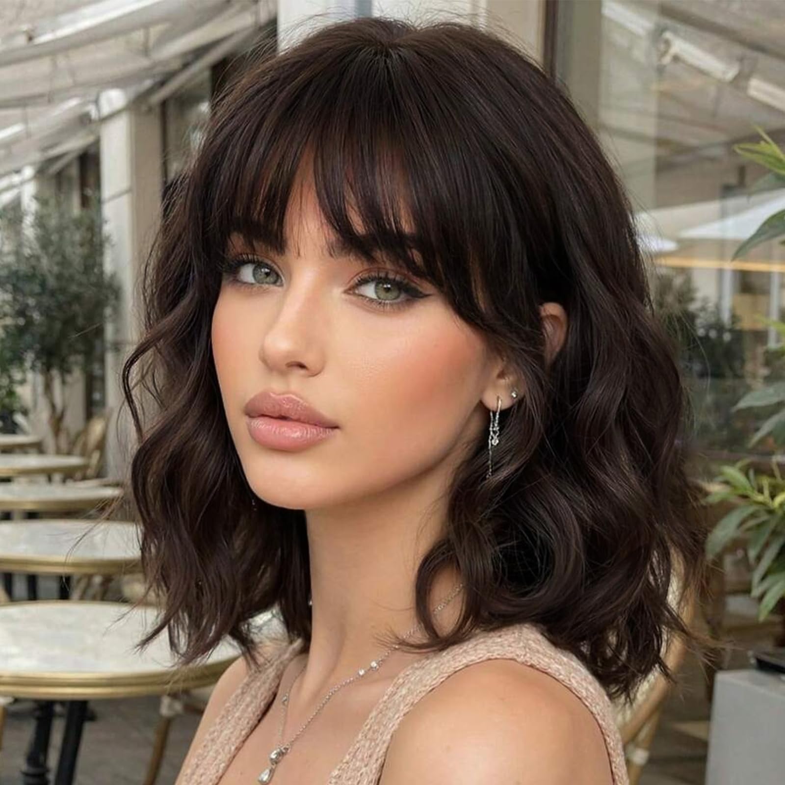 Photo 1 of Lativ Dark Brown Wig with Bangs Bob Wigs for Women Short Wavy Curly Shoulder Length Wig 14 Inches Synthetic Heat Resistant Hair for Daily Party Use
