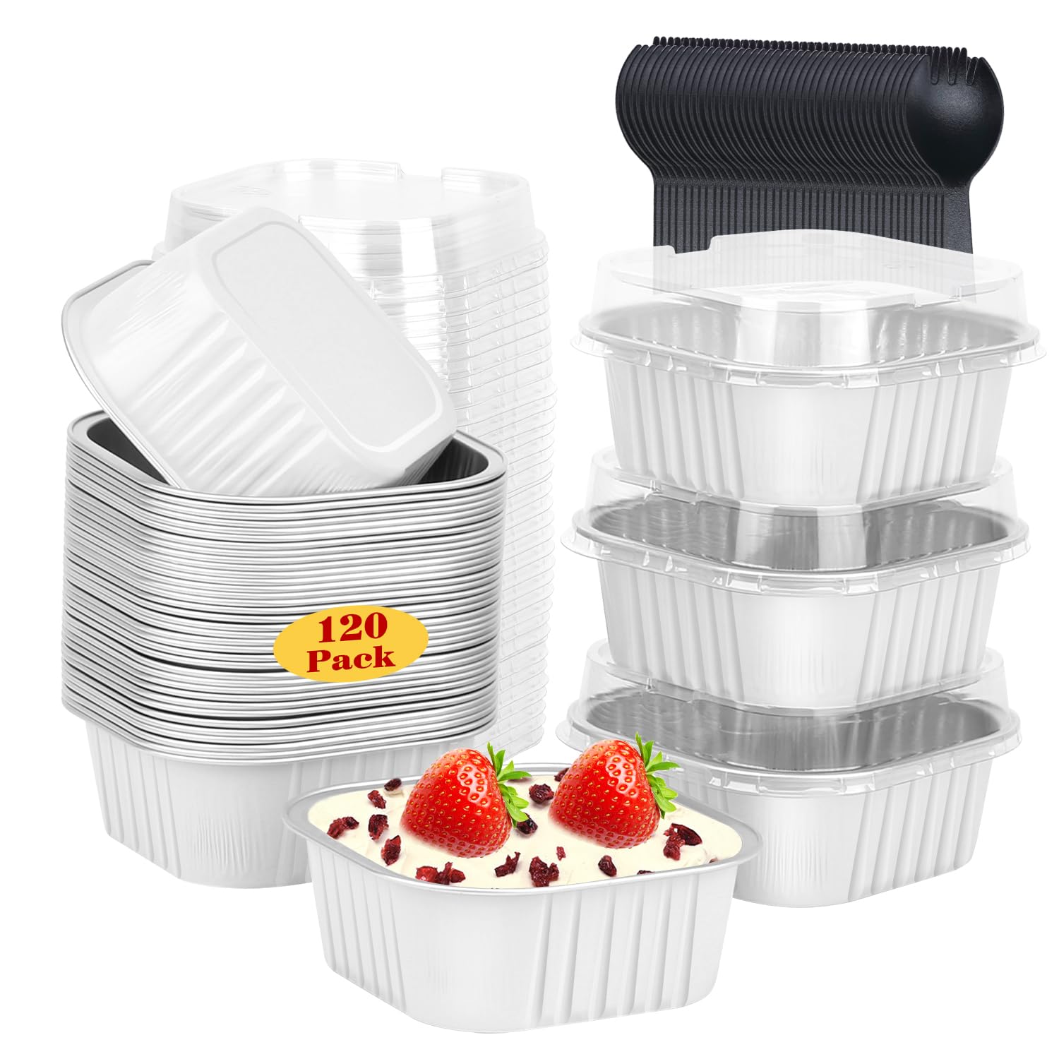 120pack 5oz Mini Cake Pans with Lids,LNYZQUS Foil Cupcake Cups Small Brownie Baking Tins,Square Disposable Ramekins Mini Cheesecake Containers Muffin