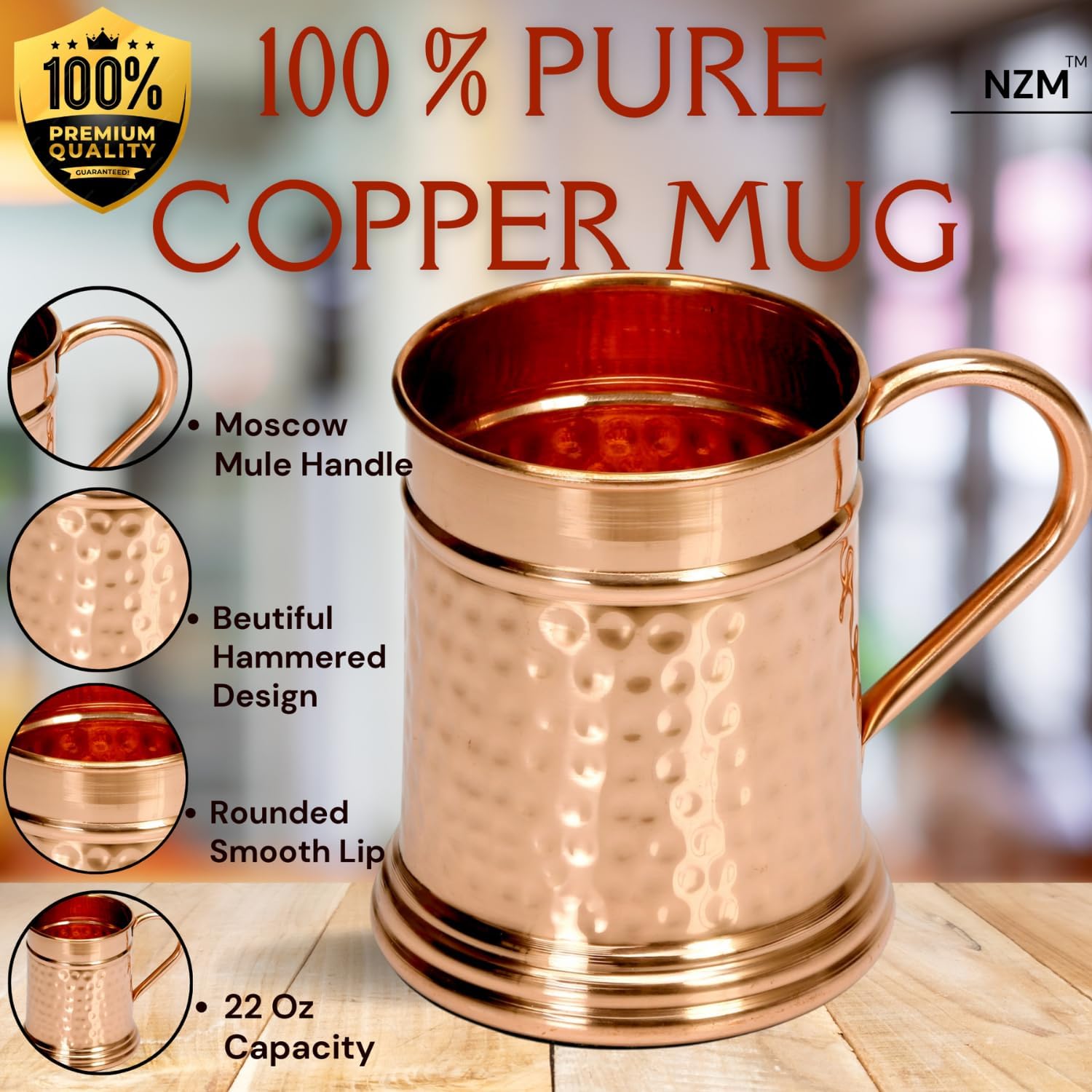 NZM Premium 22 Oz Hammered Moscow Mule Copper Mug | Handcrafted 100% Pure Copper Mug | Large 22 Oz Tankard Beer Stein | Keeps Drinks Chilled Longer | Best Gift - Perfect For Moscow Mules