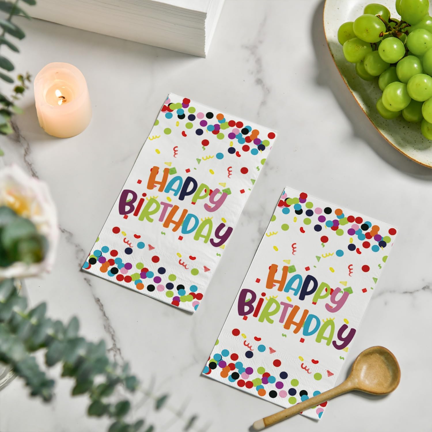 Horaldaily 100 Birthday Disposable Paper Decorative Guest Napkins, Happy Birthday Dots Streamers Hand Towel for Party Lunch Dinner Kitchen Bathroom