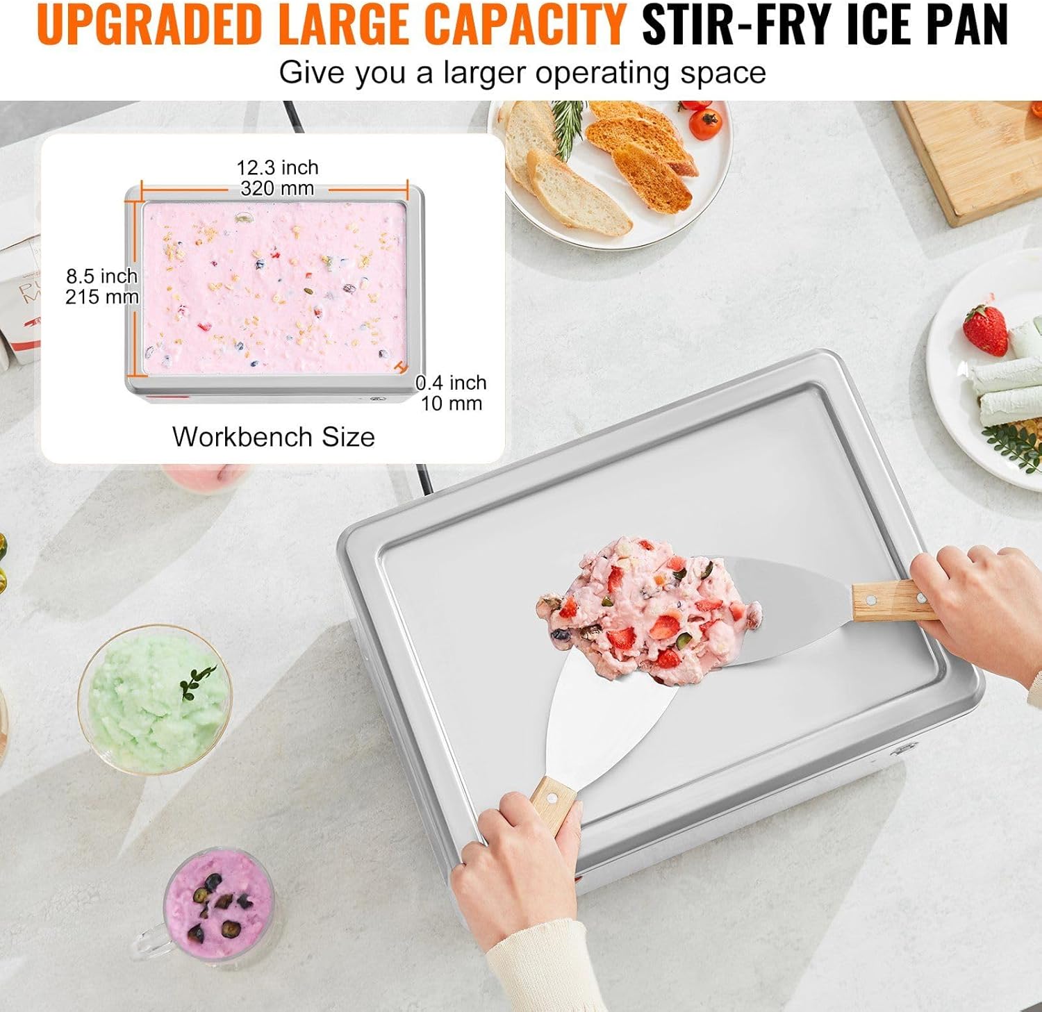 Fried Ice Cream Roll Machine, 19.3" x 14.9" Stir-Fried Ice Cream Pan, Stainless Steel Rolled Ice Cream Maker with Compressor and 2 Scrapers, for Making Ice Cream, Frozen Yogurt, Ice Cream Rolls