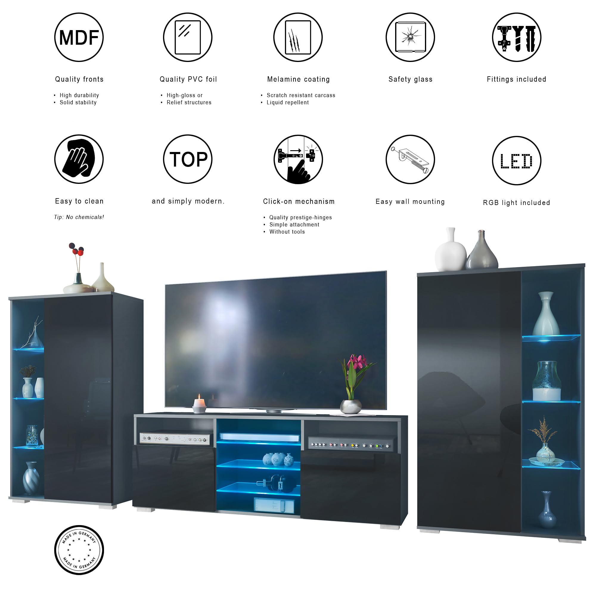 Vladon Ensemble Mural Davos pour Salon, Comprenant 2 vitrines et 1 Meuble TV, Anthracite Mat/Blanc Haute Brillance éclairage LED Inclus (329 x 134 x 35 cm)