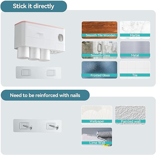 Miniatura 2 de Soporte para cepillos de dientes para baño montado en la pared, 3 tazas para cepillos de dientes para baños, dispensador automático de pasta de