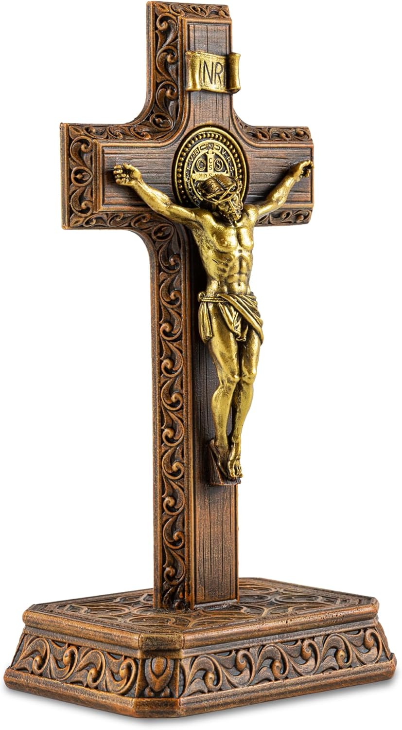 DevotedWalls 6.45" H Saint Benedict Medal Crucifix,Catholic Small Standing Crucifix for Church,Gold-Toned Crucifix with Base,Religious Saint Benedict Sculpture for Table,Mantel,Altar,Standing Jesus Christ Cross for Home(Golden Color for Corpus)