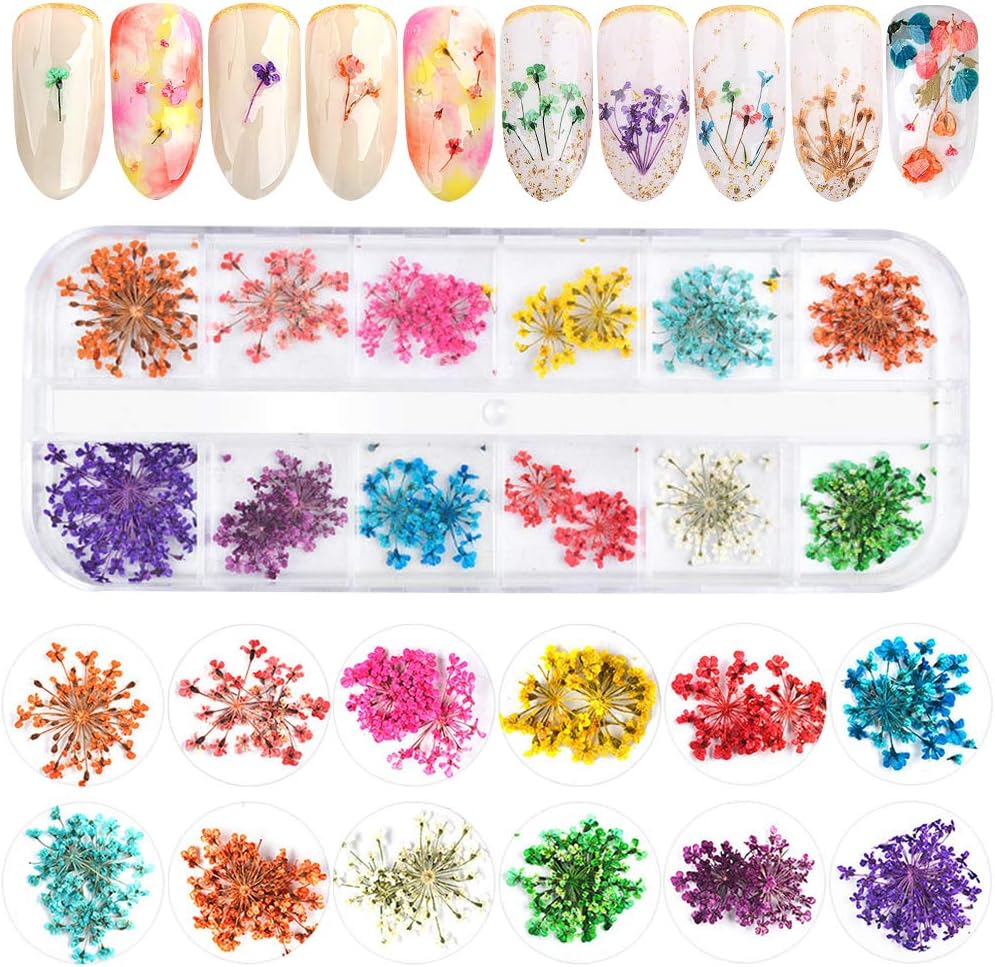 EBANKU 12 Colors 3D Dried Flowers Nail Art Decals, Colorful Dried Gypsophila Flowers Nail Art Stickers Decoration, 3D Nail Decoration for UV Gel/Acrylic Nail Design