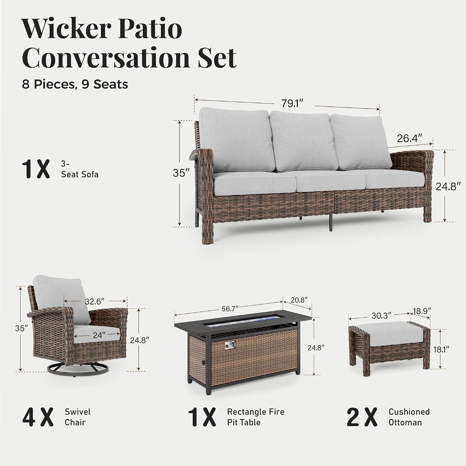 8-Piece Wicker Patio Furniture Set Sectional with 2 Swivel Chairs 2 Ottomans 3-Seater Sofa All-Weather Patio Conversation Sets for Backyard Porch Balcony(Gray)