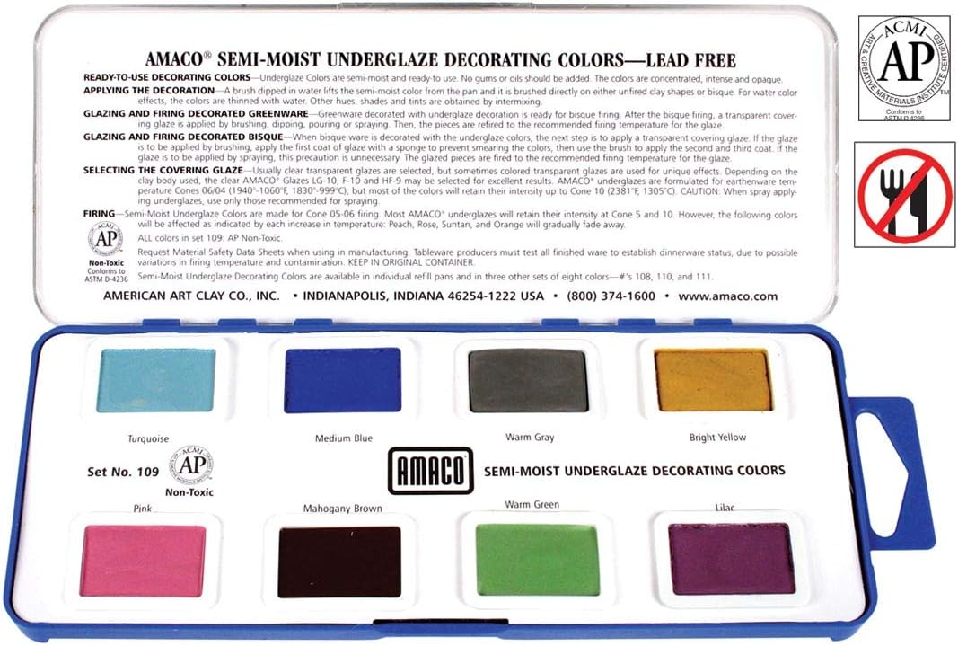 AMACO Non-Toxic Semi-Moist Underglaze Set - B in Pan, 1.5 oz, Assorted Color, Set of 8 by AMACO