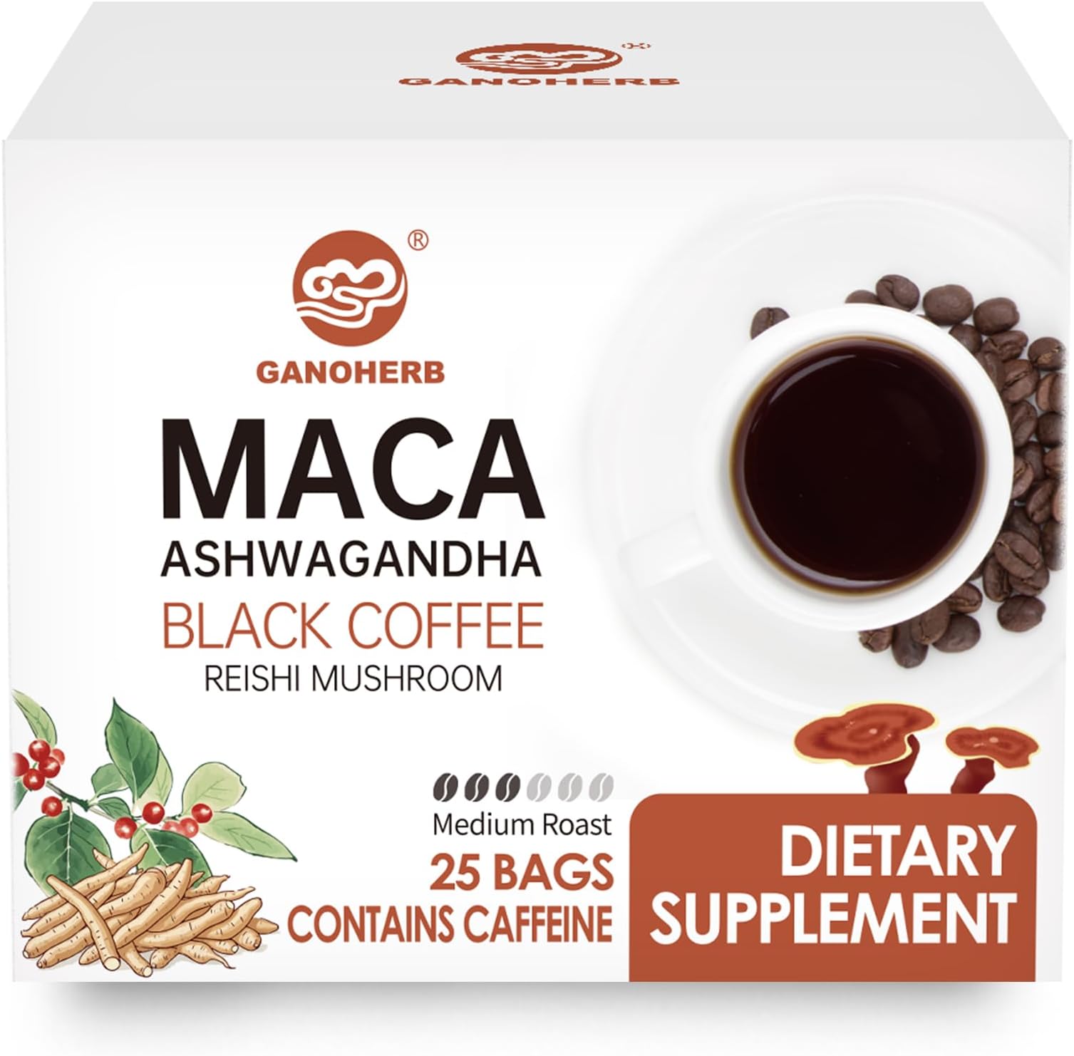 GANOHERB Maca Energy Coffee for Men, Women Herbal Coffee with Ashwagandha, Maca Root, Reishi Mushroom Extract for Energy & Focus - 1 Box (25 Packets)