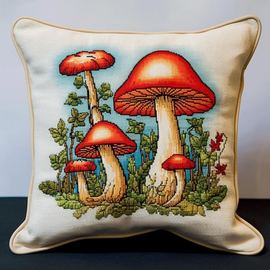 Henypt 9CT Cross Stitch Cushion Kits for Adults Cartoon Mushroom DIY Cushion Embroidery Kit Needlepoint Handmade Needlework Cushions Kits Stitched Pillow Cover Set for Adults Beginners 50x50cm