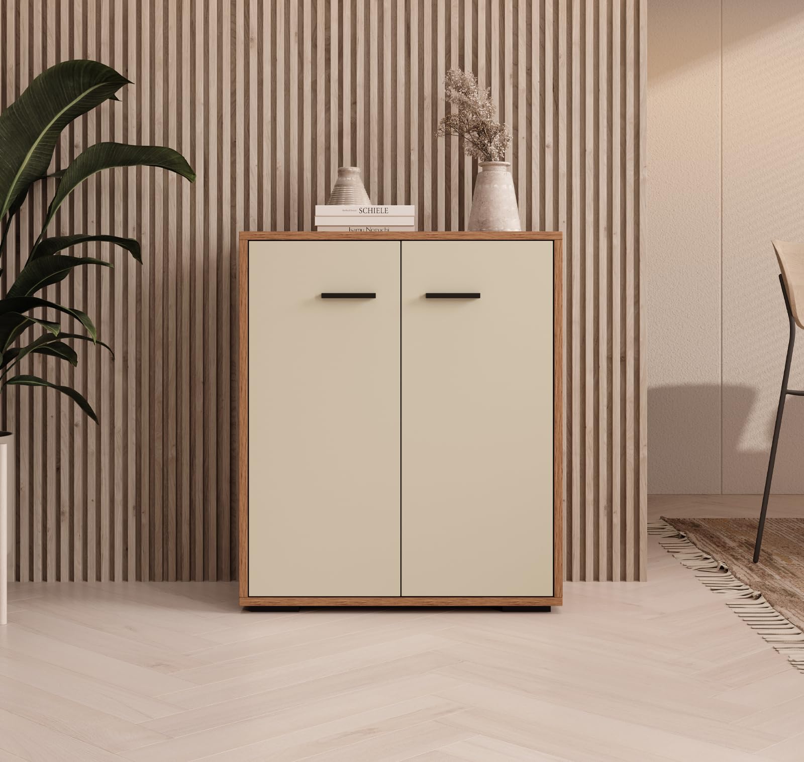 MB Muebles Bonitos | Buffet Bas Lander L2 pour Salon Moderne | Meuble de Rangement avec 2 Portes | Couleur Noyer et Beige | 60x71x30 cm