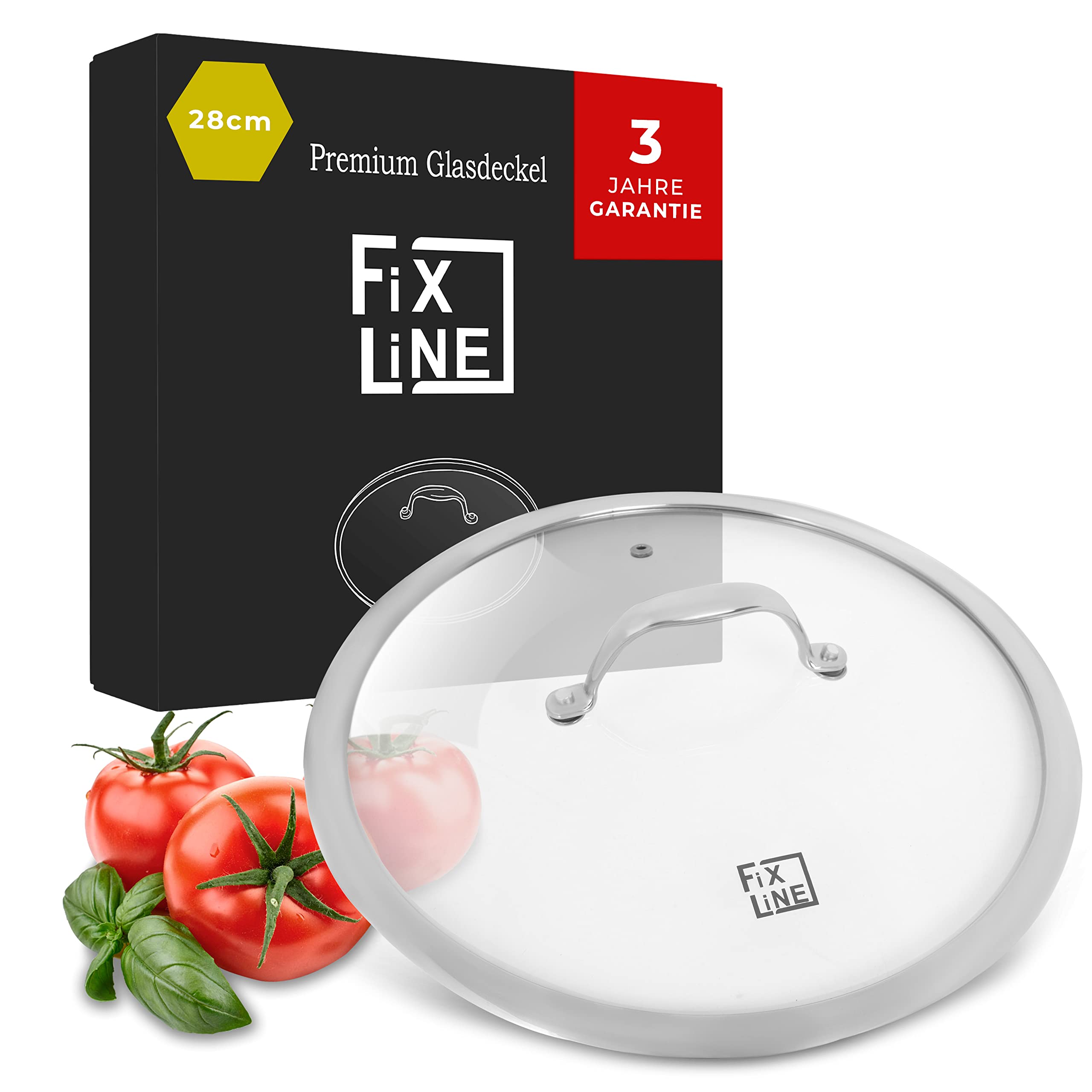 FIXLINE® Glasdeckel 28cm – Universal Topfdeckel aus gehärtetem Glas mit Dampfauslass & Edelstahlrand – Pfannendeckel & Topfdeckel passend für Ø 28 cm Pfannen & Töpfe – Spülmaschinengeeignet