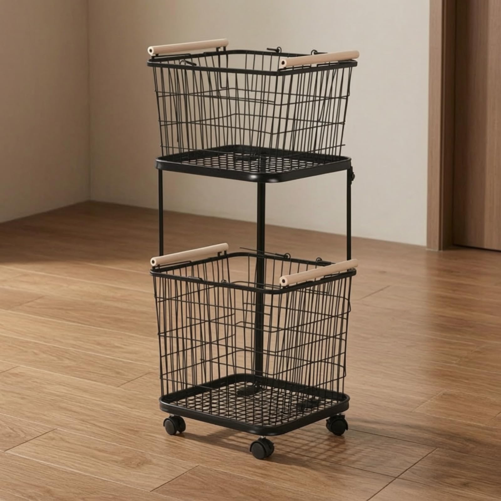 Carrello Portabiancheria con Ruote Mobile Cesto Portabiancheria a Due Livelli Ventilato per Lavanderia, Bagno, Bianco