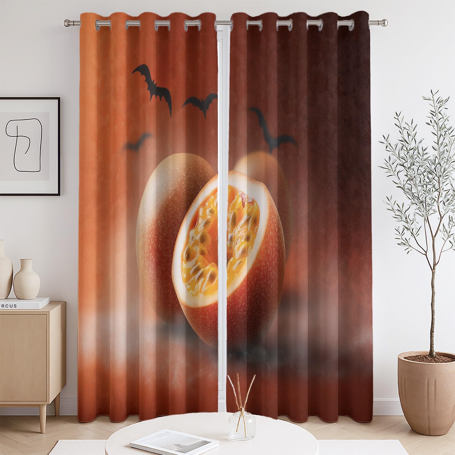 Otherworldly Grace Realistyczne nietoperze z marakui Halloween poliestrowe zasłony do przedszkola lub pokoju zabaw - zasłony z oczkami redukujące dźwięk i ciepło, blokujące słońce, karmelowy
