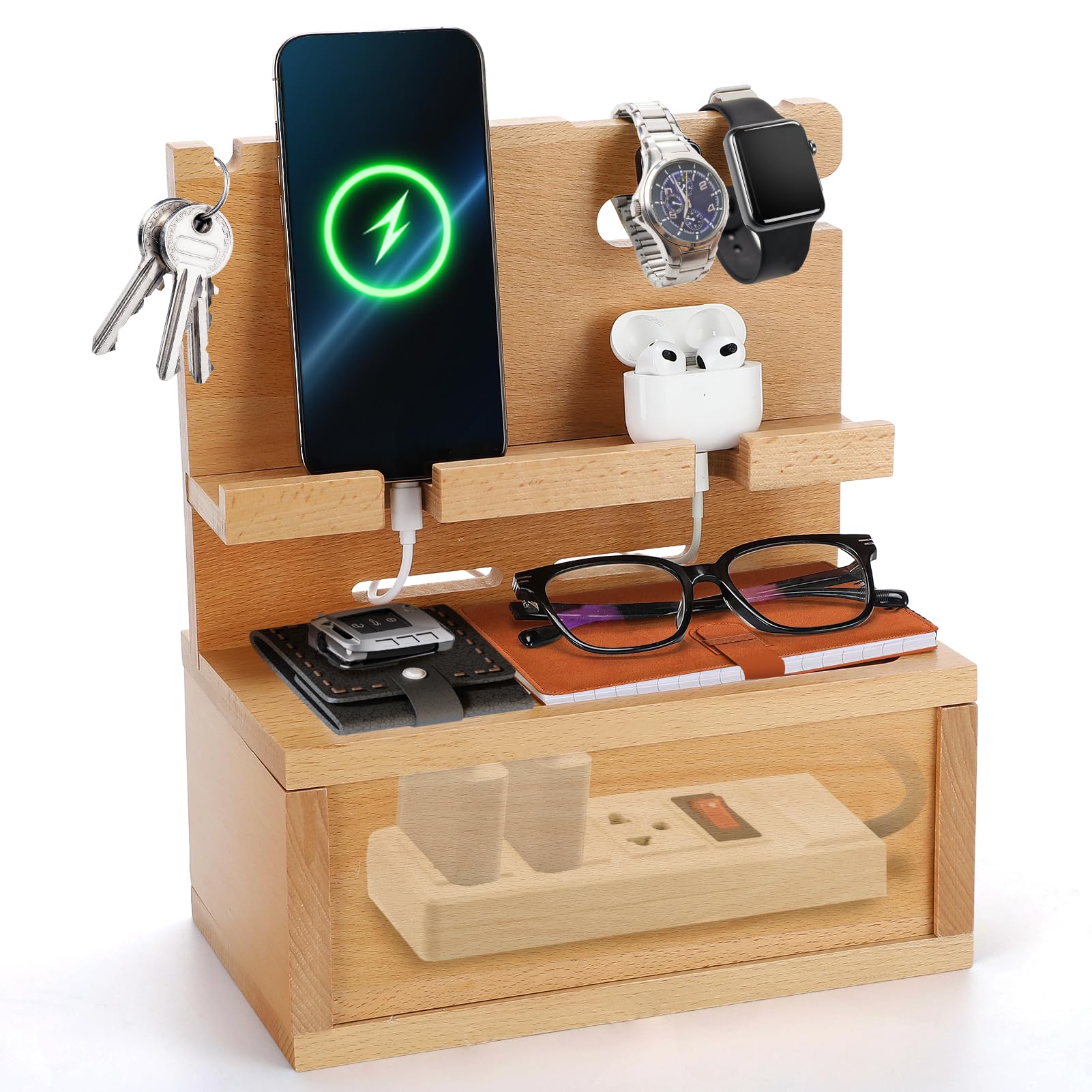 Beechwood Nightstand Organizer with Cable Management Box - Phone Docking Station Gifts for Him Men Boyfriend Husband Birthday Anniversary, Light