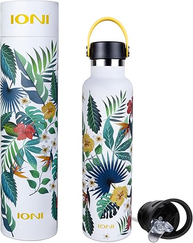 Miniatura 2 de IONI Botella de agua para mujer de 24 onzas (2 tapas) – Diseño de arte tropical blanco – Acero inoxidable sin BPA aislado a prueba de fugas –