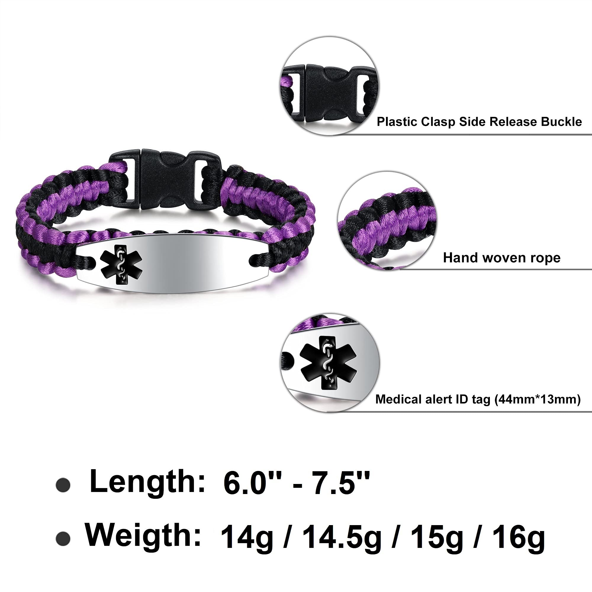 JF.JEWELRY Custom Medical Alert Bracelets for Women and Men | Personalized Customization ID Bracelet with Handmade Nylon Rope, Free Laser Engraving 8.0 Inch, Purple&Black (JF-BYX236SB01-8.0)