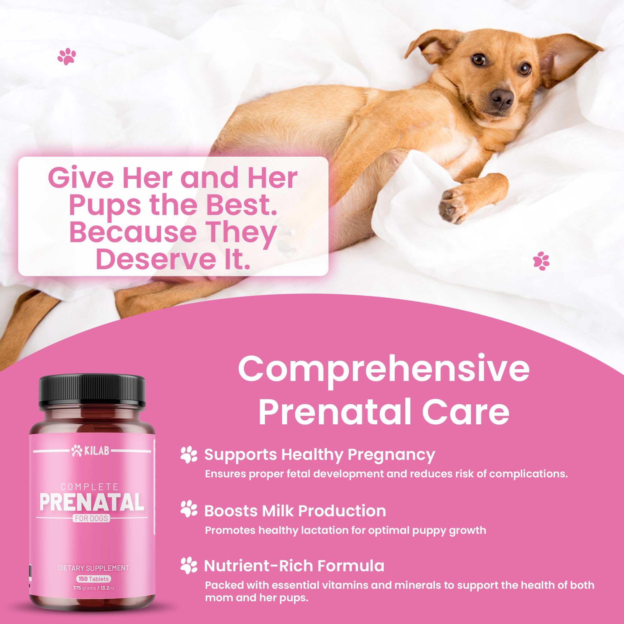Kilab Complete Prenatal Vitamins for Dogs –150 Tablets with Iron, Choline, Zinc, DHA & Probiotics - Supports Healthy Development & Wellness for Pregnant, Nursing, & Weaning Females — Amazon image 3