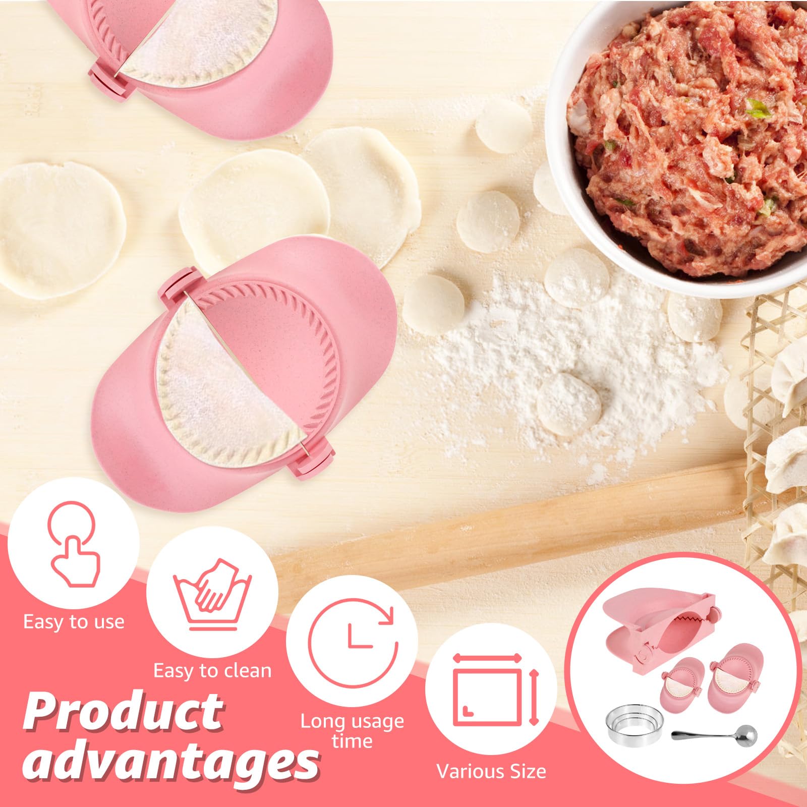 LYDODOKA Dumpling Maker Press, 3 Sizes Dumpling Maker Set with Skin Cutter & Spoon, Dumpling Mold, Fully Sealed Dumpling Press Mold, Dumpling Machine Tool for Home (Red)