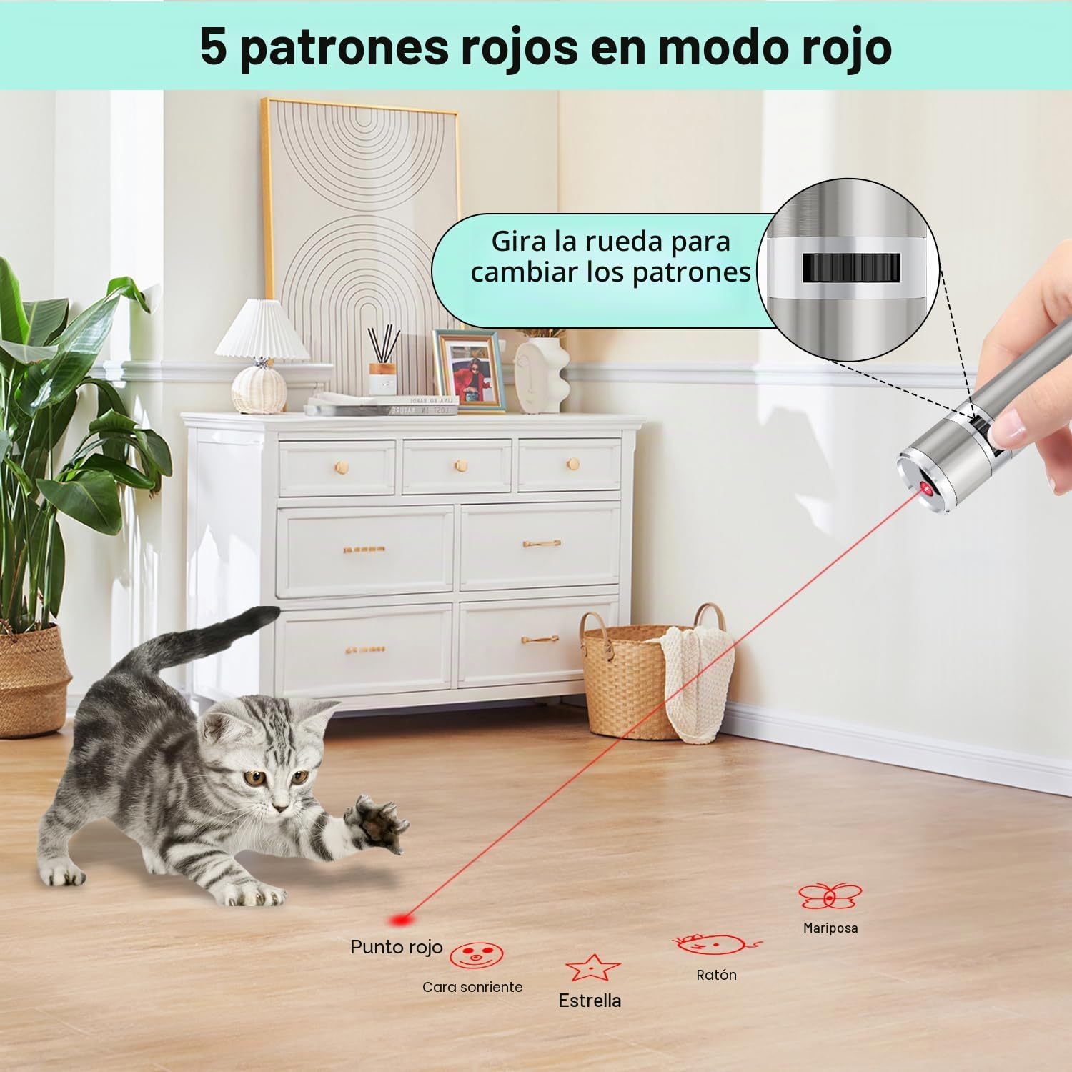 TBTeek Juguetes para gatos recargables, juguetes para gatos de interior, 7 luces ajustables y patrón, juguete interactivo para gatos, juguete portátil divertido para entrenamiento y ejercicio (paquete