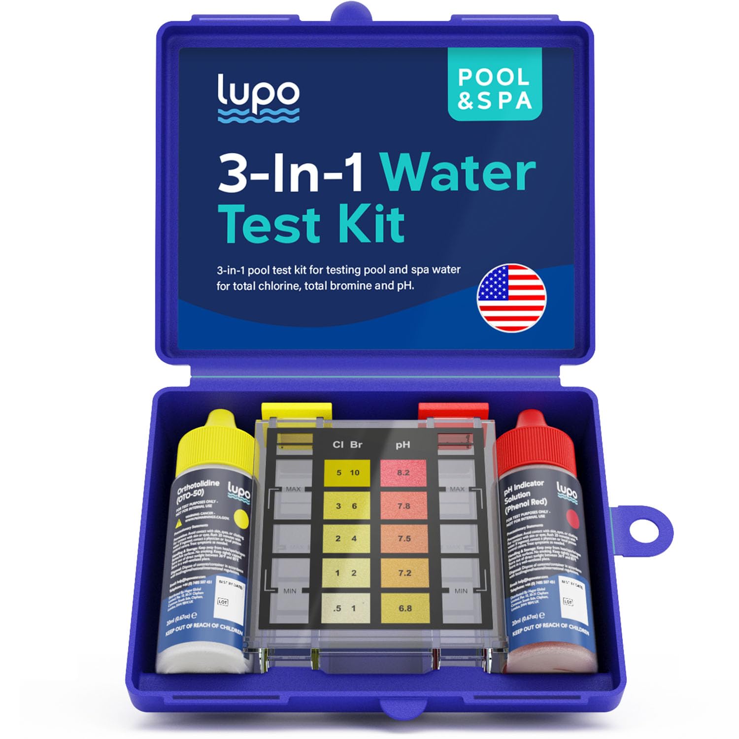 Lupo 3-in-1 Pool Test Kit | Pool Testing Kit for Residential Swimming Pools & Spas for Testing Total Chlorine, Total Bromine & pH | Pool Chemical Test for Quick & Accurate at-Home Pool Water Testing