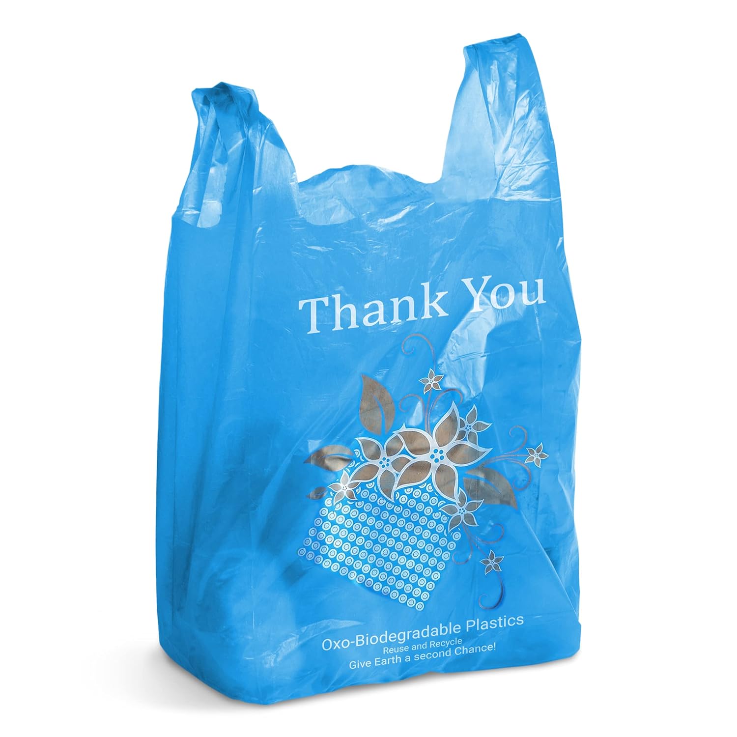 APQ Pack of 500 Jumbo Thank You Plastic Bags 16 x 8 x 26. Blue Carry-Out T-Shirt Bags 16x8x26, Thick 18 Micron. Preprinted Environment Friendly Shopping Bags for Retail Stores.