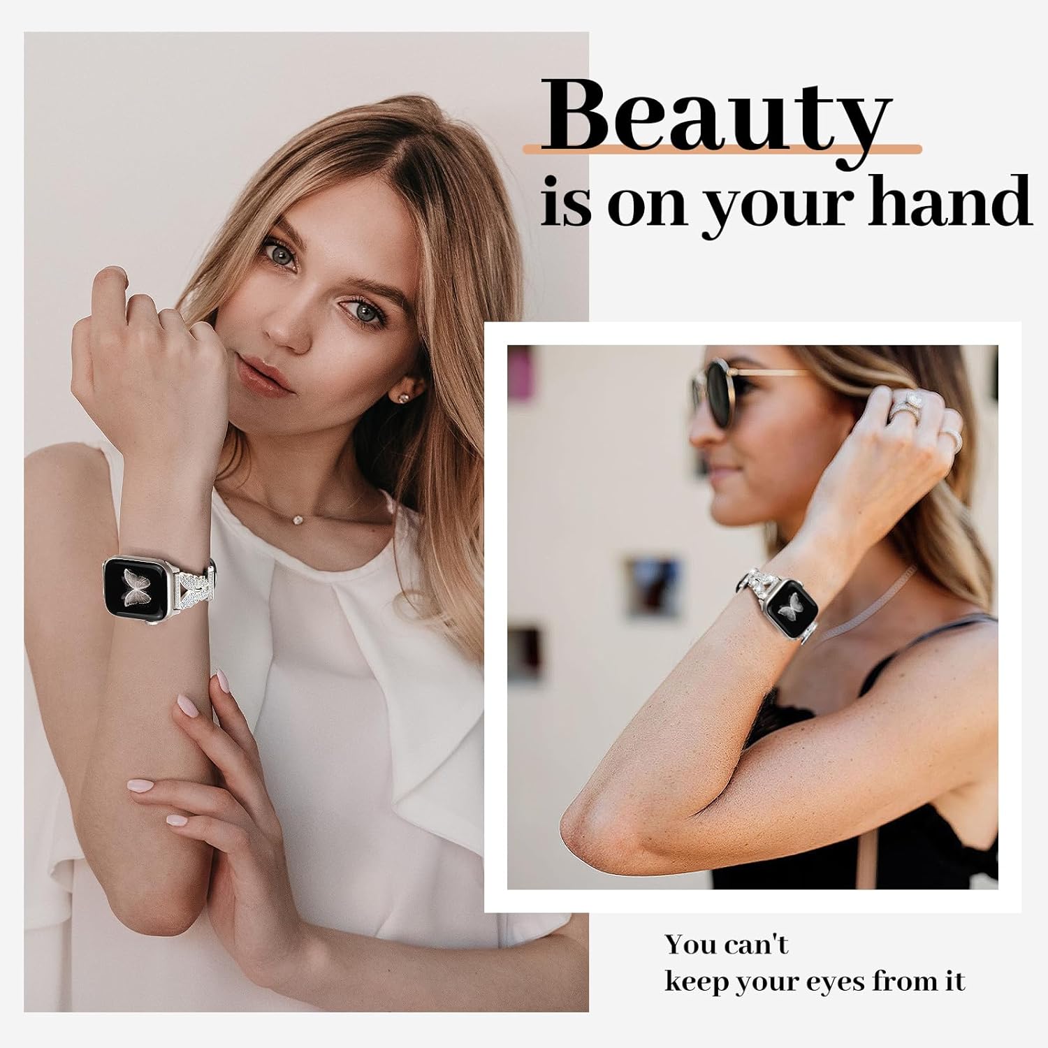 JR.DM Leather Watch Bands for Women Compatible with Apple Watch 46mm 42mm(S3/2/1) 44mm 45mm 49mm Black Bling Butterfly Connector Slim Leather Strap for iWatch Series 11/10/9/8/7/6/5/4/3/2/1/SE/Ultra - Image 6