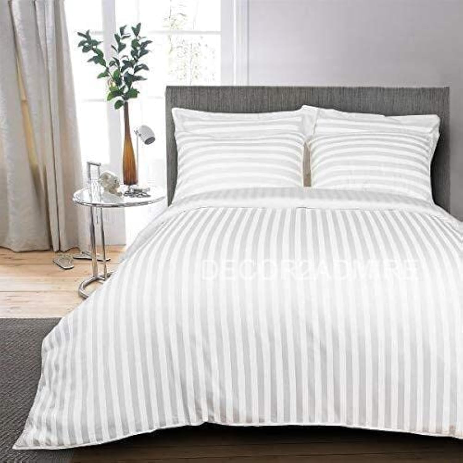 DECOR2ADMIRE 300TC Pure Cotton Plain Stripe King Size Double Bedsheet for Double Bed with Two Pillow Covers (King, White)(100 * 108 Inches)
