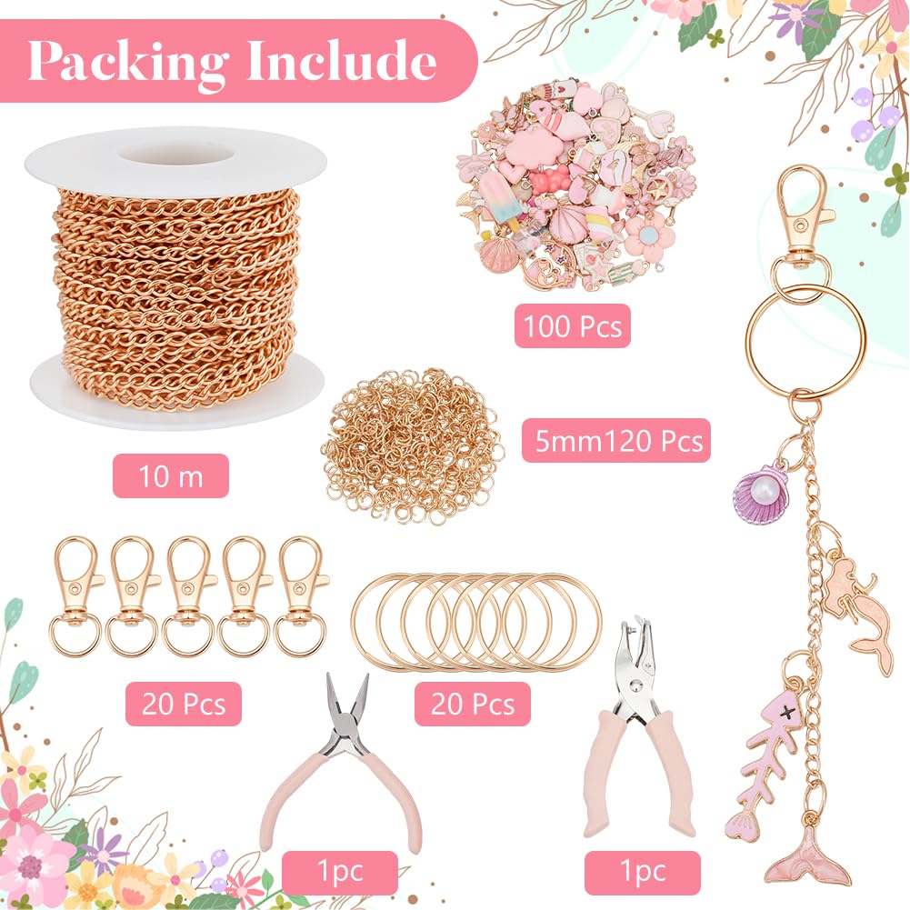 WEBEEDY 263 Pièces Kit de Création de Porte-Clés en Or Kit de Breloques pour Sac avec 100 breloques roses,20 Clips de Porte-Clés,5M de Chaîne de Prolongation, Pince à Bijoux pour la Création de Bijoux