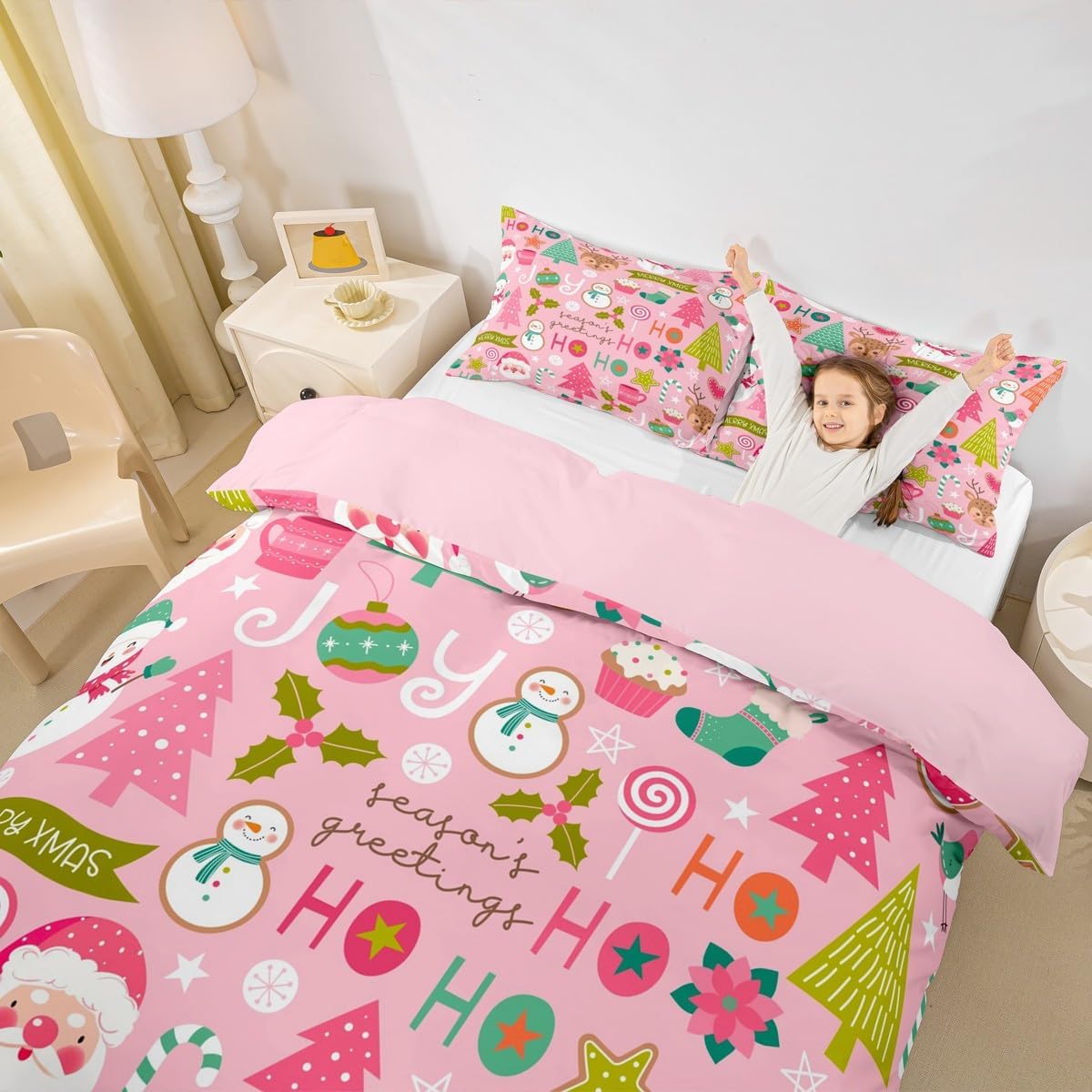 Erosebridal Pink Christmas Duvet Cover, Cartoon Santa Claus Bedding Set Full Size for Kids Boys Girls Women, Snowman Pine Comforter Cover Christmas Tree Cute Deer Quilt Cover Xmas Decor,2 Pillowcases
