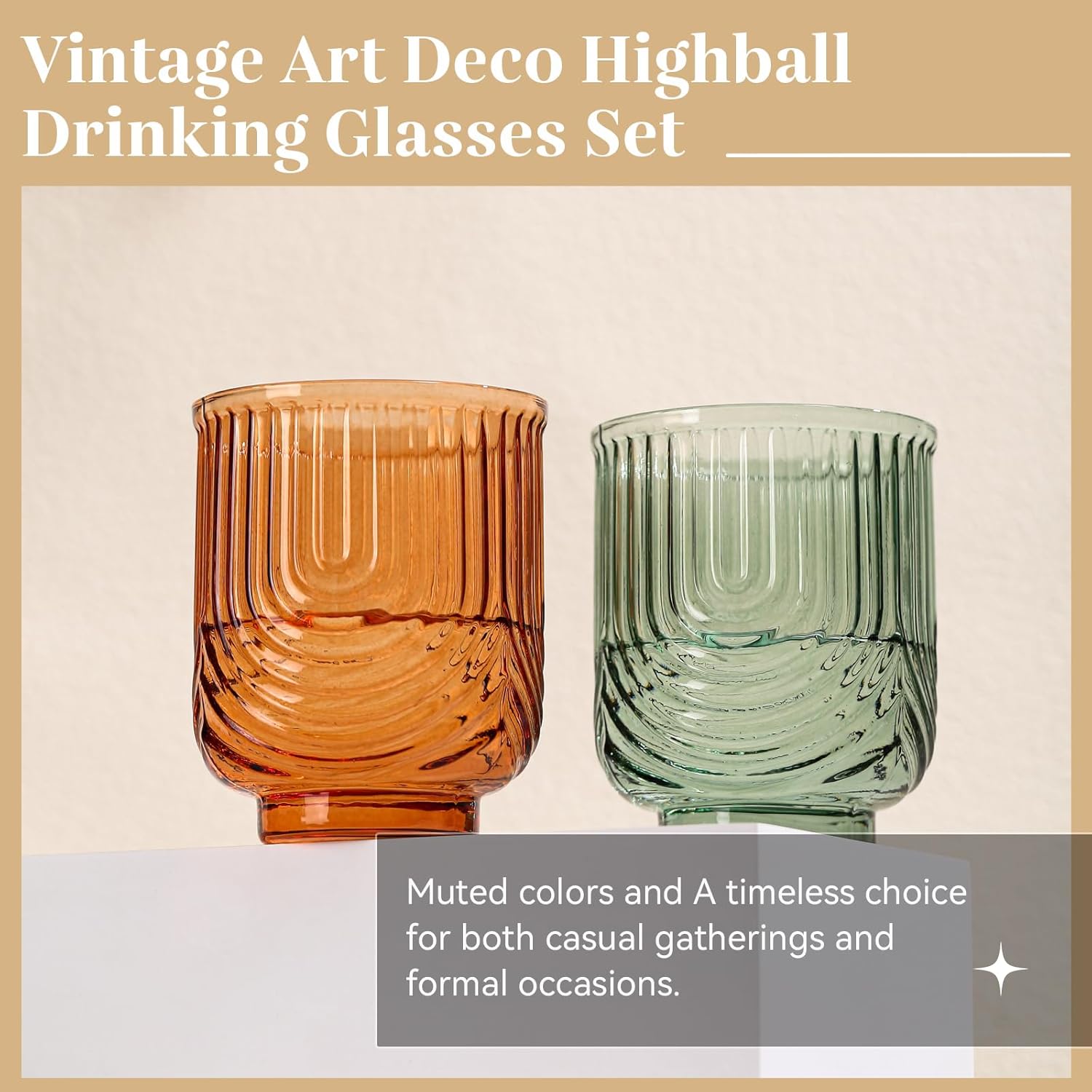 Colored Vintage Drinking Glasses Set of 6-15oz Hand-Blown Highball Ribbed Glassware, Arch Design Cocktail Glasses for Whiskey Water Beverages Ice Coffee Juice Milk - Image 5