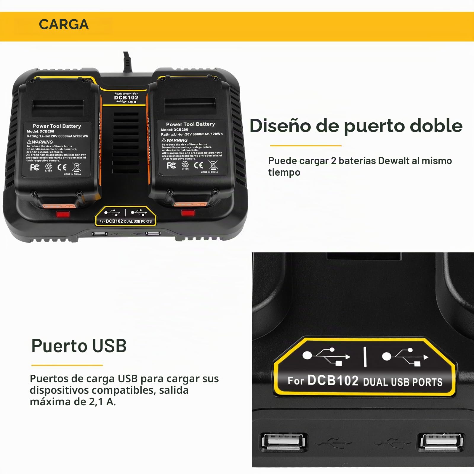 Cargador de batería KEATFE Dual 3 A 12 V-20 V Max Li-Ion para Dewalt 18 V DCB, cargador de repuesto para serie DCB, enchufe