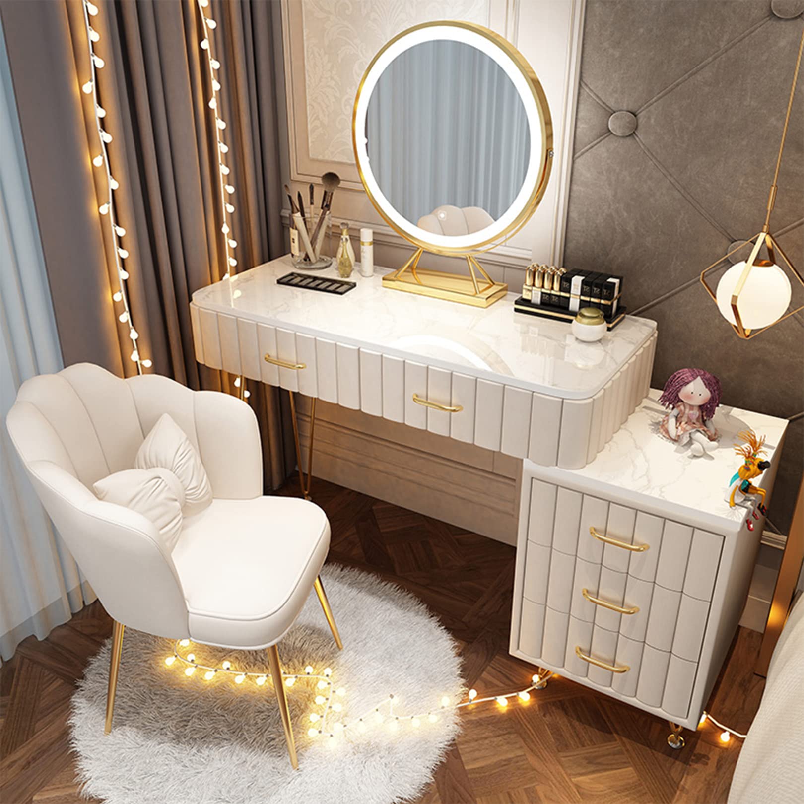 CGCSYZ Modern Makeup Desk with Mirror & Adjustable LED Lights 5 Drawer Dressing Table for Bedroom 3 Lighting Modes Pink(White-80cm)