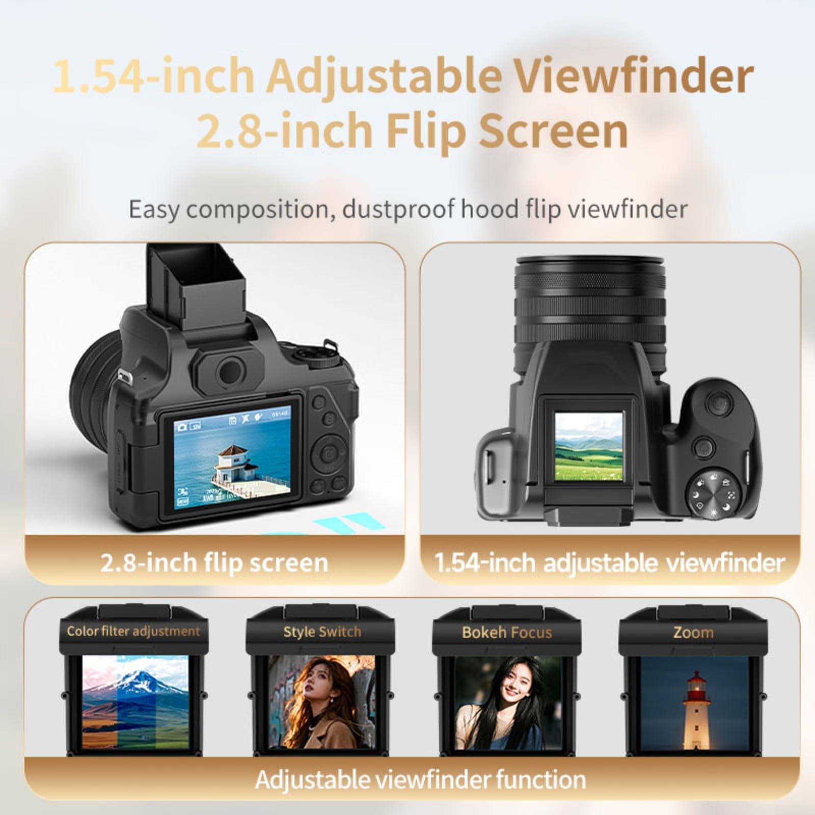 68 MP Digitalkamera mit 28-fachem Zoom und 4K-Videoaufnahme, 7,1 cm (2,8 Zoll) 180° Flip-Bildschirm für Vlogging, Reisen und Event-Fotografie, Schwarz (Kamera-Fülllicht)