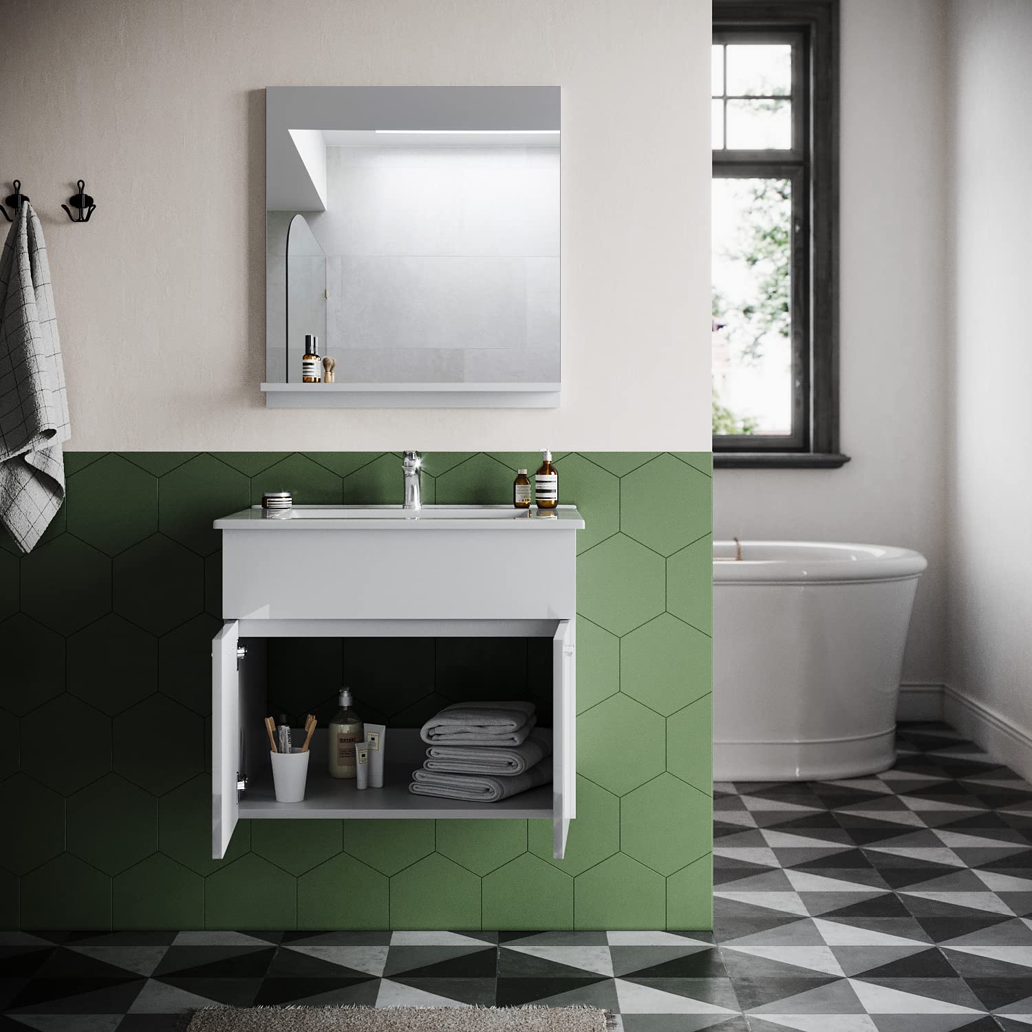 Set di mobili da bagno con lavabo bianco con mobiletto da 45 cm, set di mobili da bagno con specchio, programmi completi per il bagno, 2 pezzi, da appendere, lucido