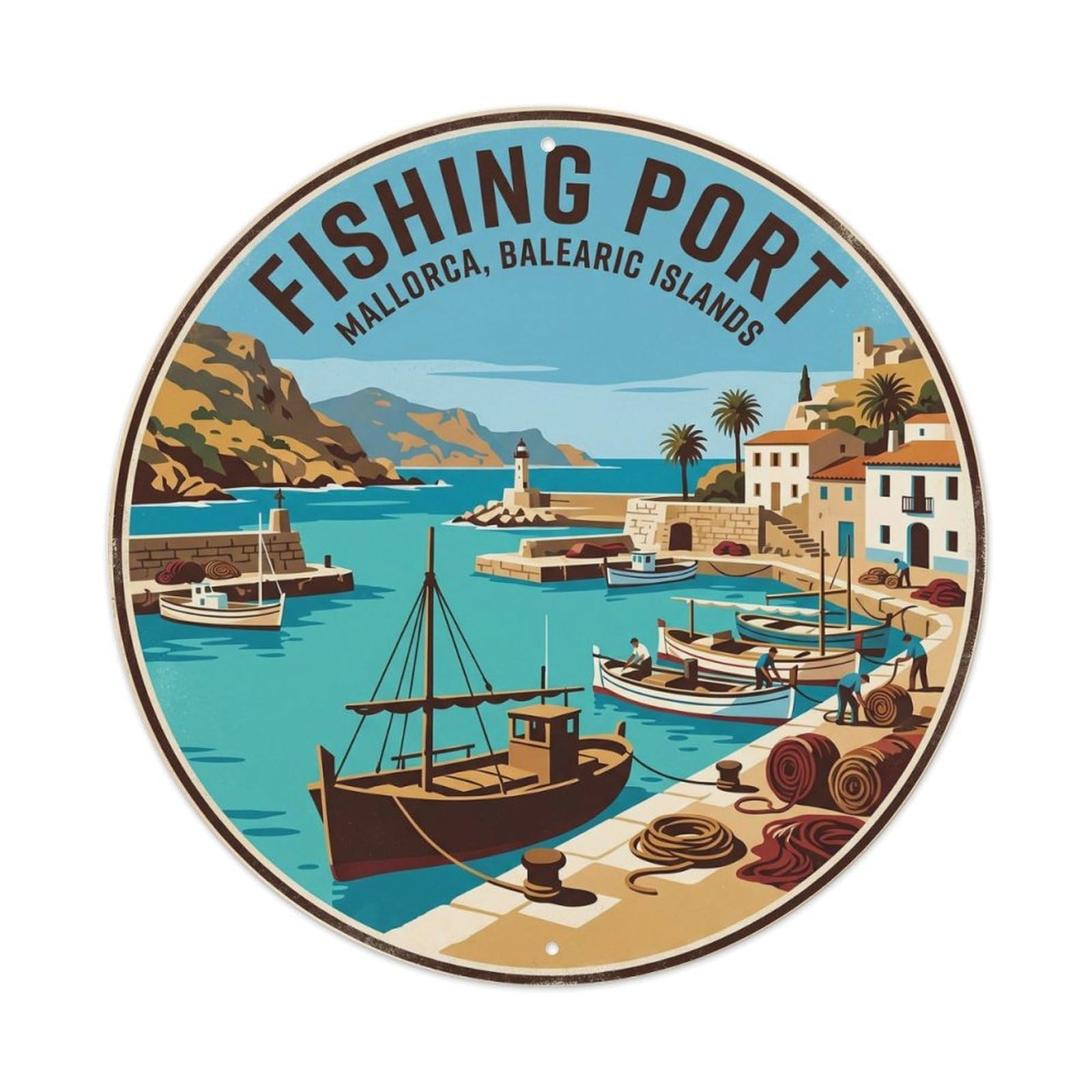 Okahys 8X8inch Classic Style Mallorca Fishing Harbor Island Heritage Seaside Travel Metal Tin Sign