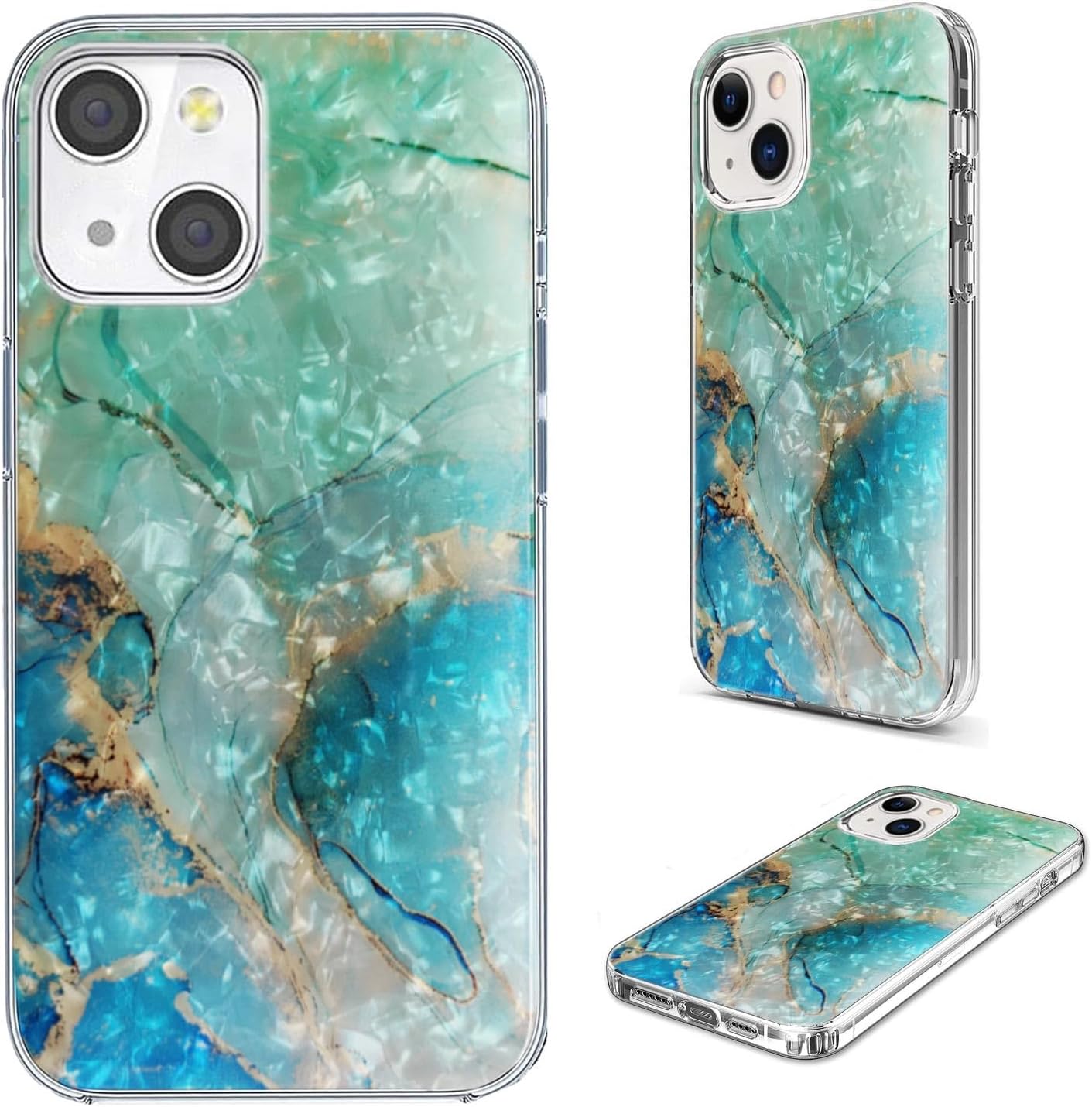 Full Protective Shockproof Slim Soft TPU Clear iPhone 14/13 Case, Glitter Sparkle Shiny Pearl Luster Green Gold Marble