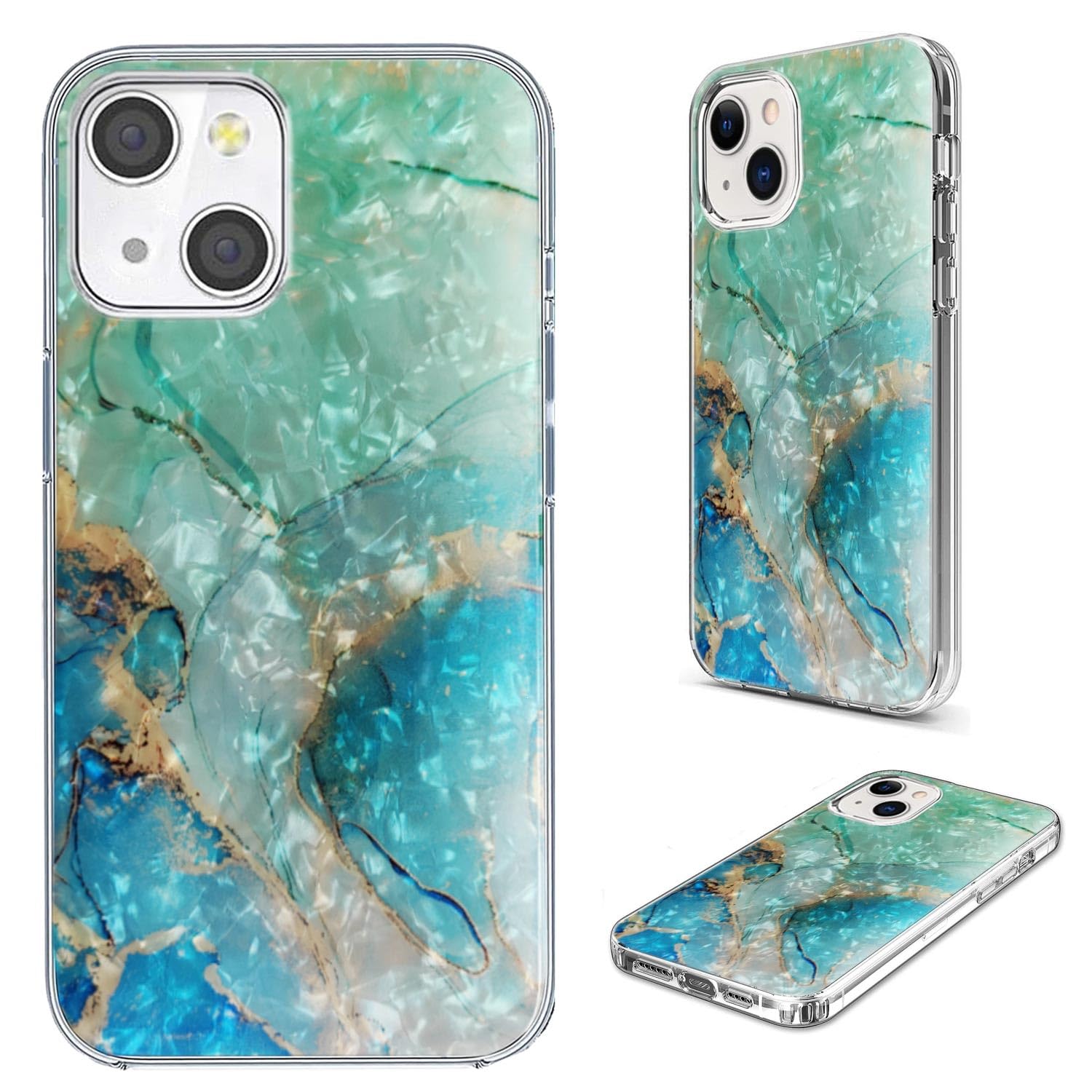 AKORAVO Full Protective Shockproof Slim Soft TPU Clear iPhone 14/13 Case, Glitter Sparkle Shiny Pearl Luster Green Gold Marble
