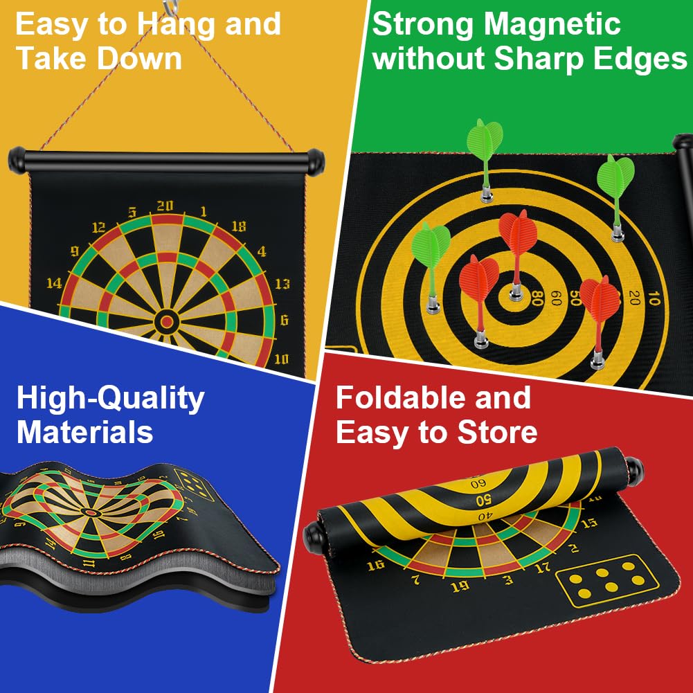 flintronic Magnetyczna bezpieczna tarcza do darta, dwustronna, magnetyczna tarcza do darta, zestaw z 14 rzutkami, wisząca rolka do darta, do użytku wewnątrz i na zewnątrz, gra imprezowa dla dzieci i