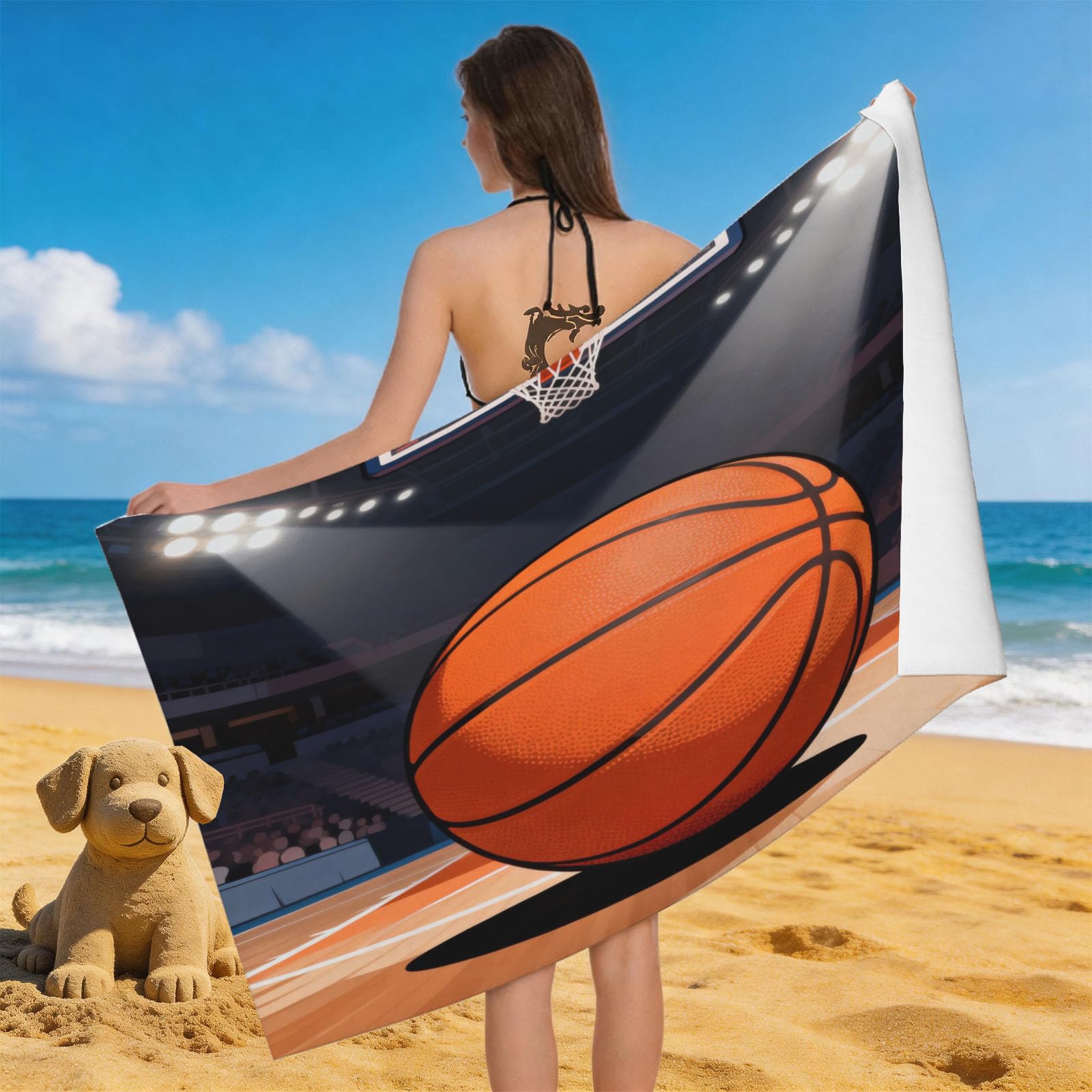Leichong 3D Basketball Illustration Beach Towel Microfiber Soft Quick Dry for Adults, Physical Education Bath Towel Lightweight Soft Absorbent for Travel Swimming Pool Sports, 75 x 150 cm