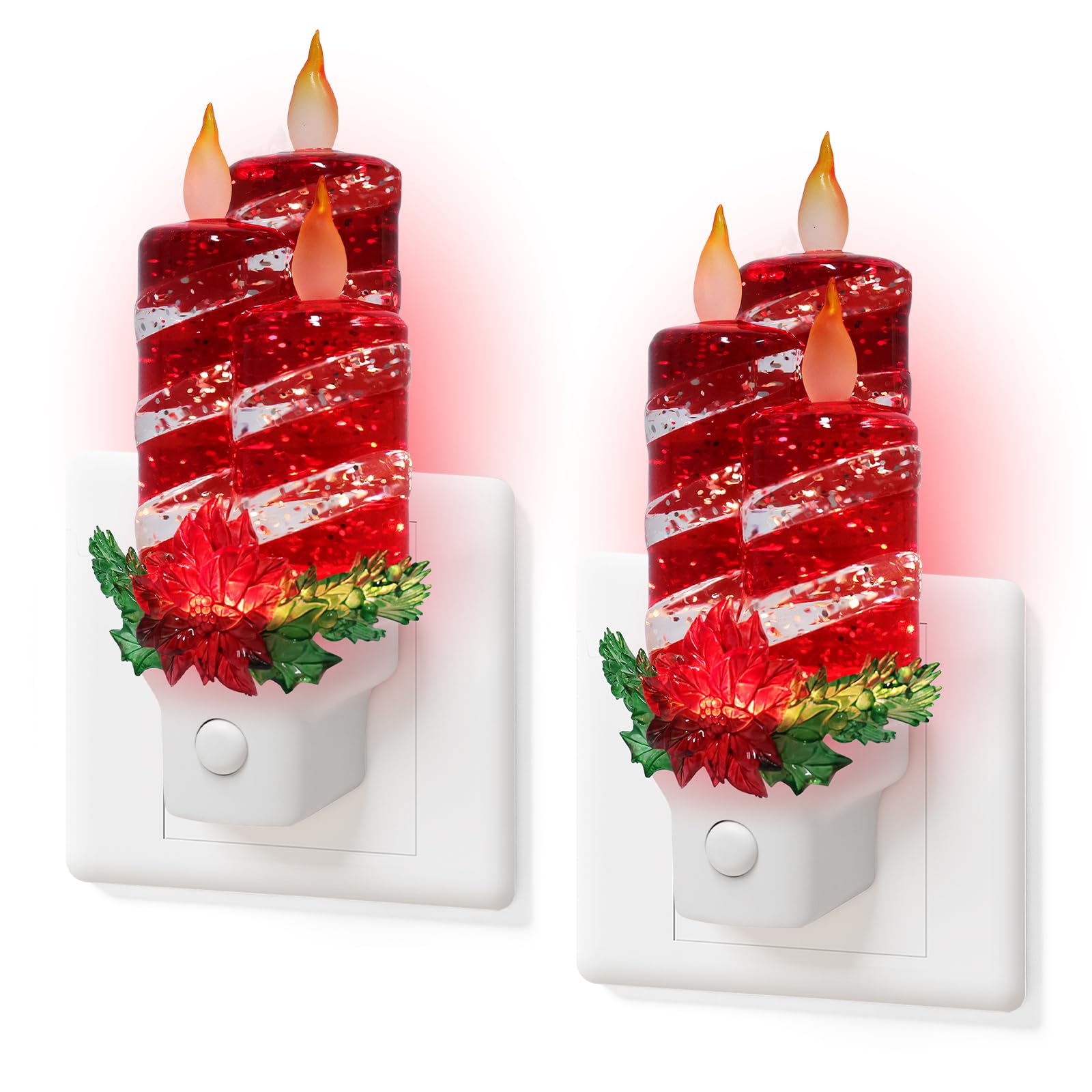 2 sztuki świątecznych świec, lampka nocna do podłączenia do ściany, brokatowa, woda, lampka nocna z opcjami USB/gniazdka, świąteczna dekoracyjna lampka nocna do sypialni, kuchni, przedszkola