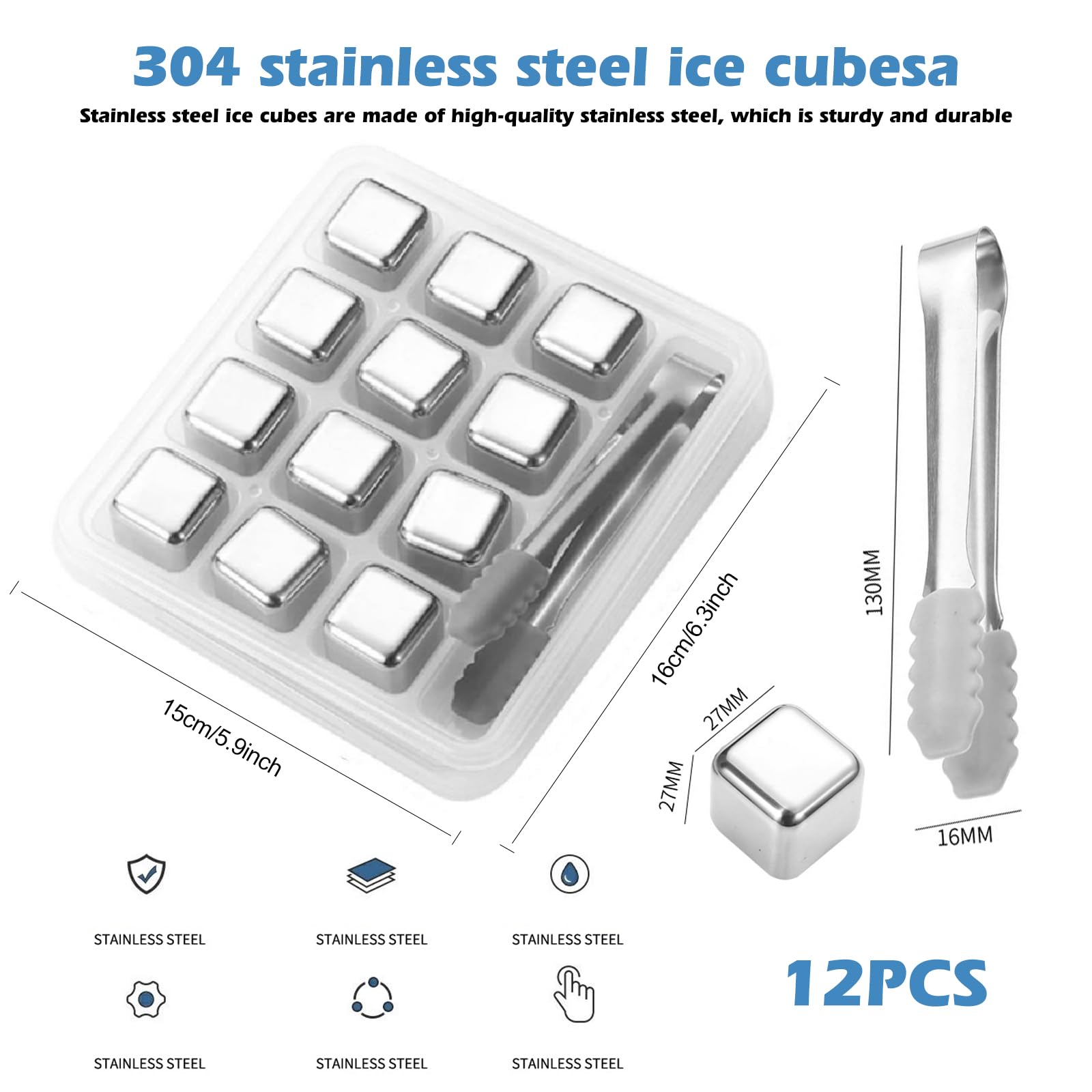 Piedras De Whisky Premium: 12 Piezas Cubos De Hielo De Acero Inoxidable 304, Enfriamiento Rápido Y Duradero, para Whisky, Vino, Cócteles Y Otras Bebidas (2.7X2.7X2.7cm)
