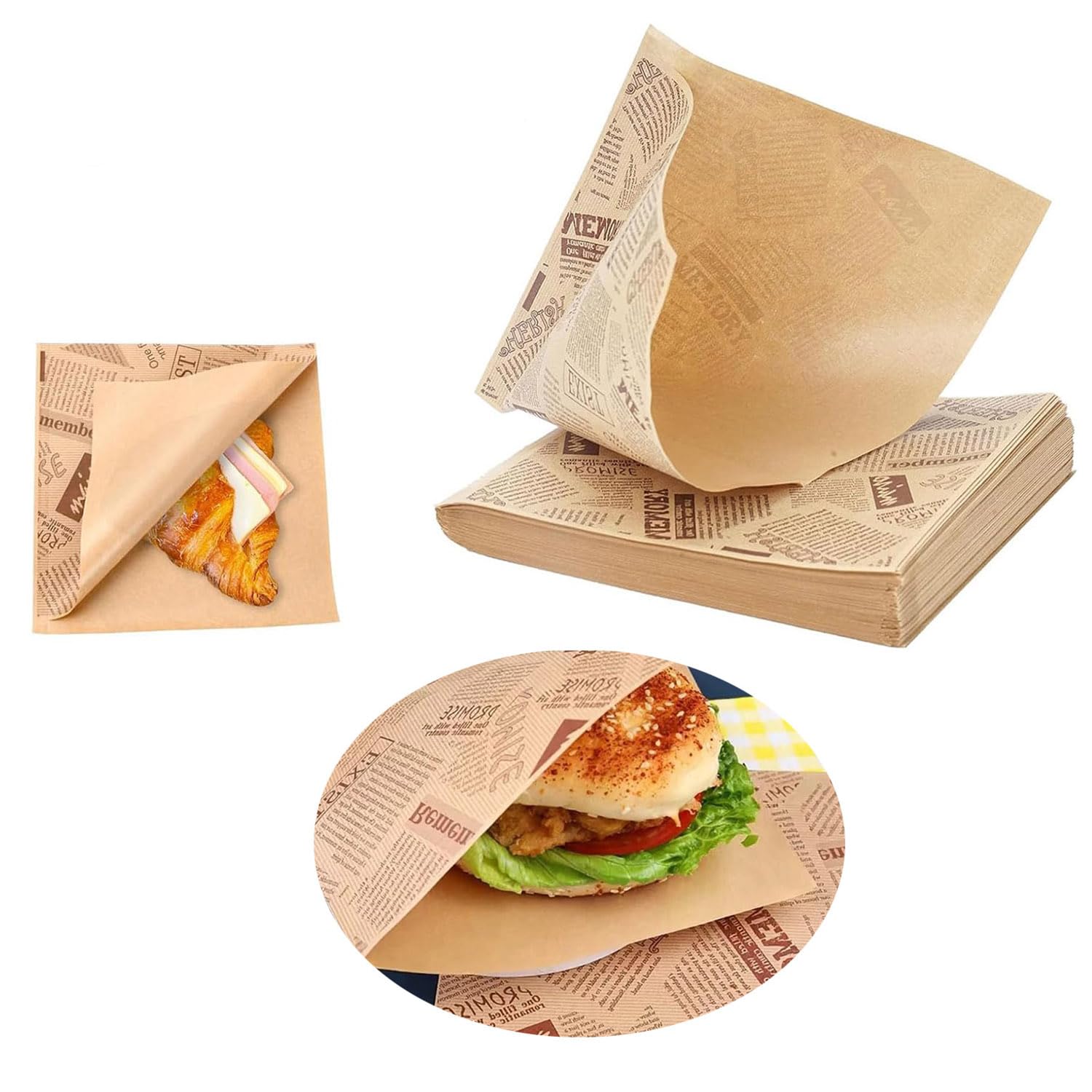 Vintage Newspaper Design Greaseproof Paper Sheets 100PCS, 15x15cm Oil Resistant Wrapping Paper for Burgers, Fries, Snacks, Sandwich Wrap Paper for Takeaway, Food Trucks, Party Decor