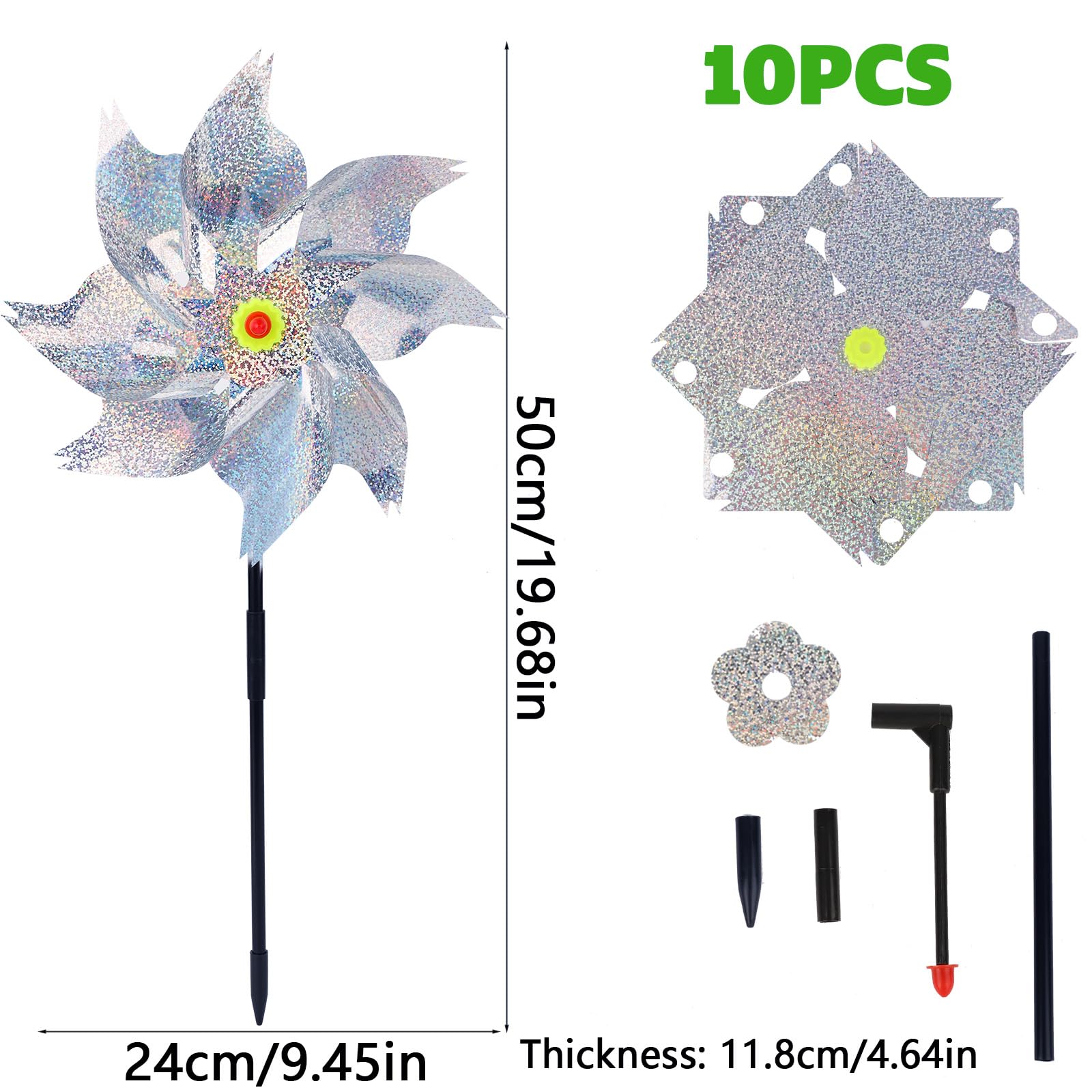 10pcs Reflective Bird Windmill, Pinwheel Prevention for Outside Ultra Sparkly Pin Wheel to Deter Animal Devices - Image 2