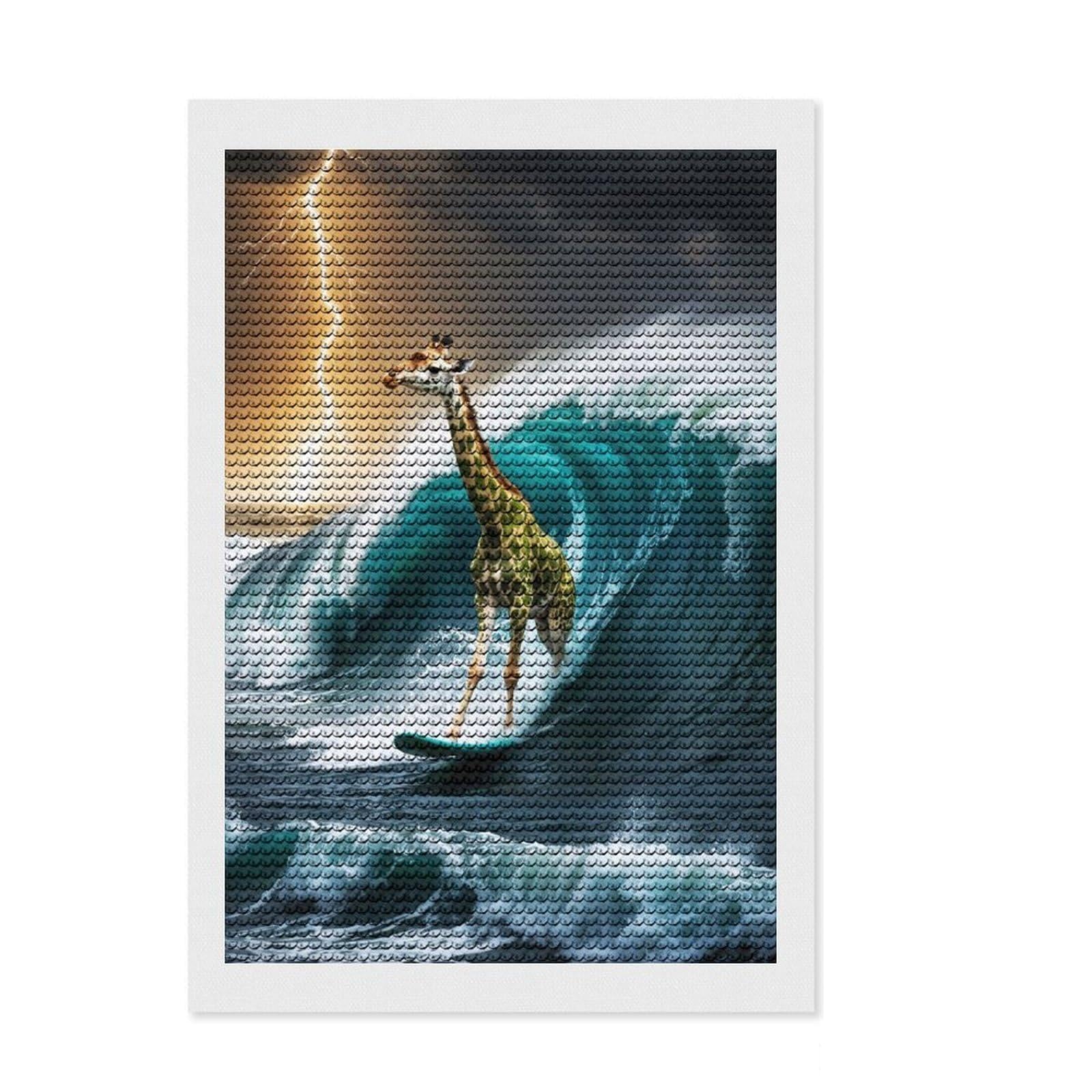 Junmoney Surfing Giraffe in A Storm Diamond Painting Set 8"x12", Vintage Style Decor, for Beginners, Stress Relief Craft, Christmas Gift