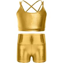 Jugaoge Kids Girls 2 Piece Gymnastics Dance Outfits Metallic Crop Tank Top with Shorts Set Activewear