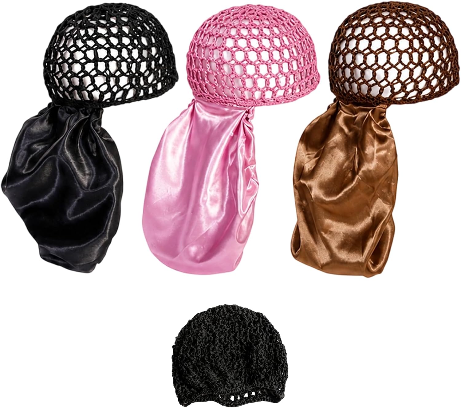 4-Piece 2-in-1 Sleep Cap Set for Hair Styling, Silk Press Wrap, Wrap Cap Hair Net and Scarf