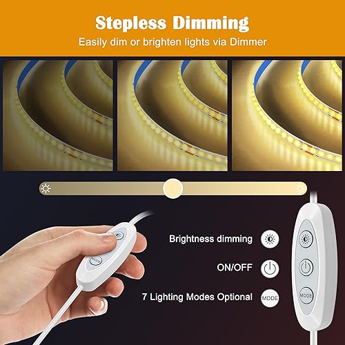 Miniatura 6 de Tira de luces LED COB blancas, 16.4 pies, regulable, 4000 K, blanco natural, 910 LED de 24 V, luces LED flexibles para dormitorio, cocina, luces