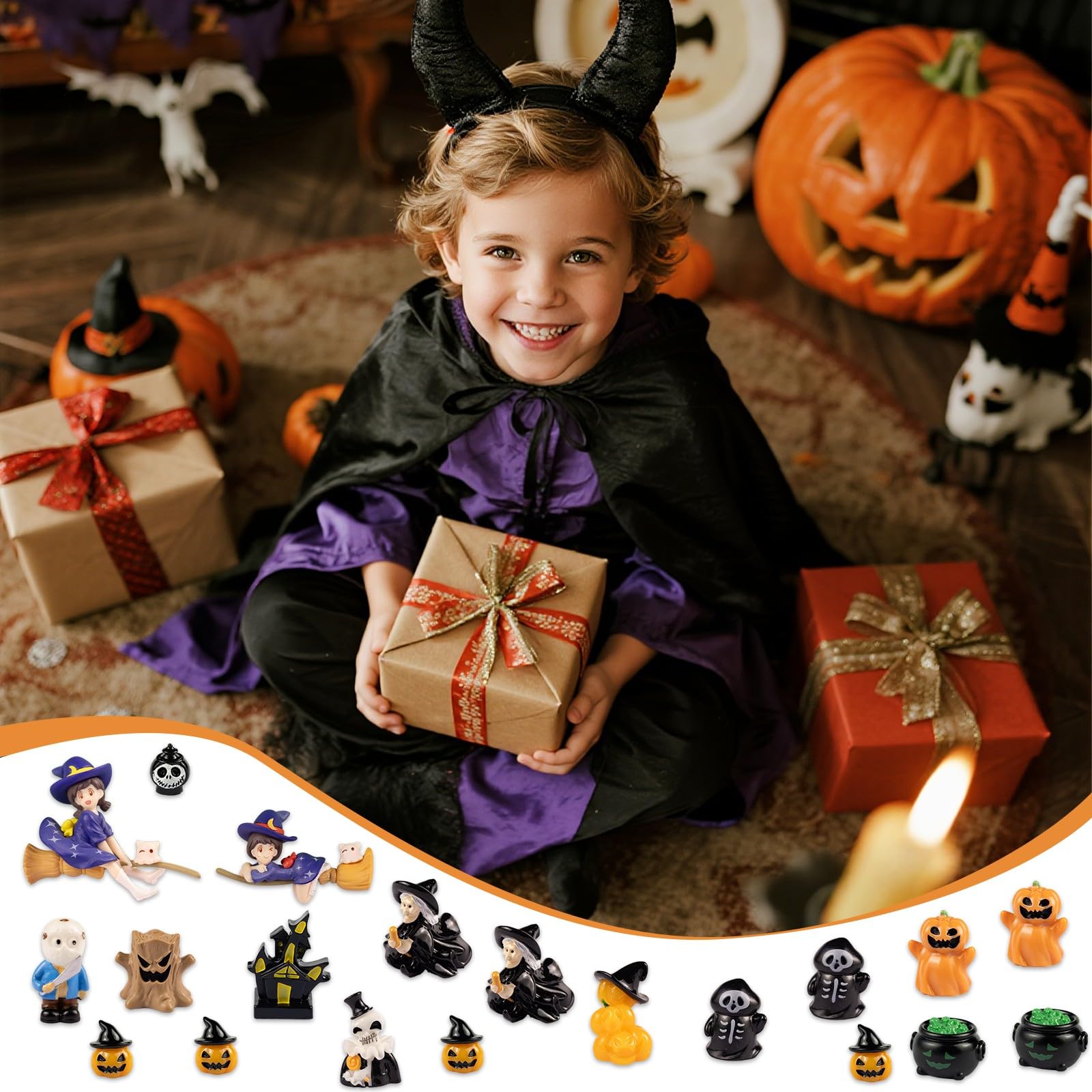Mini Halloween Miniaturen Deko, 20er Kleine Halloween Hexe Geist Ornamente Deko, Kleine Harzfiguren zum Verstecken Kleines Kürbis für DIY Potting Micro Landschaft Aquarium Dekoration (D)